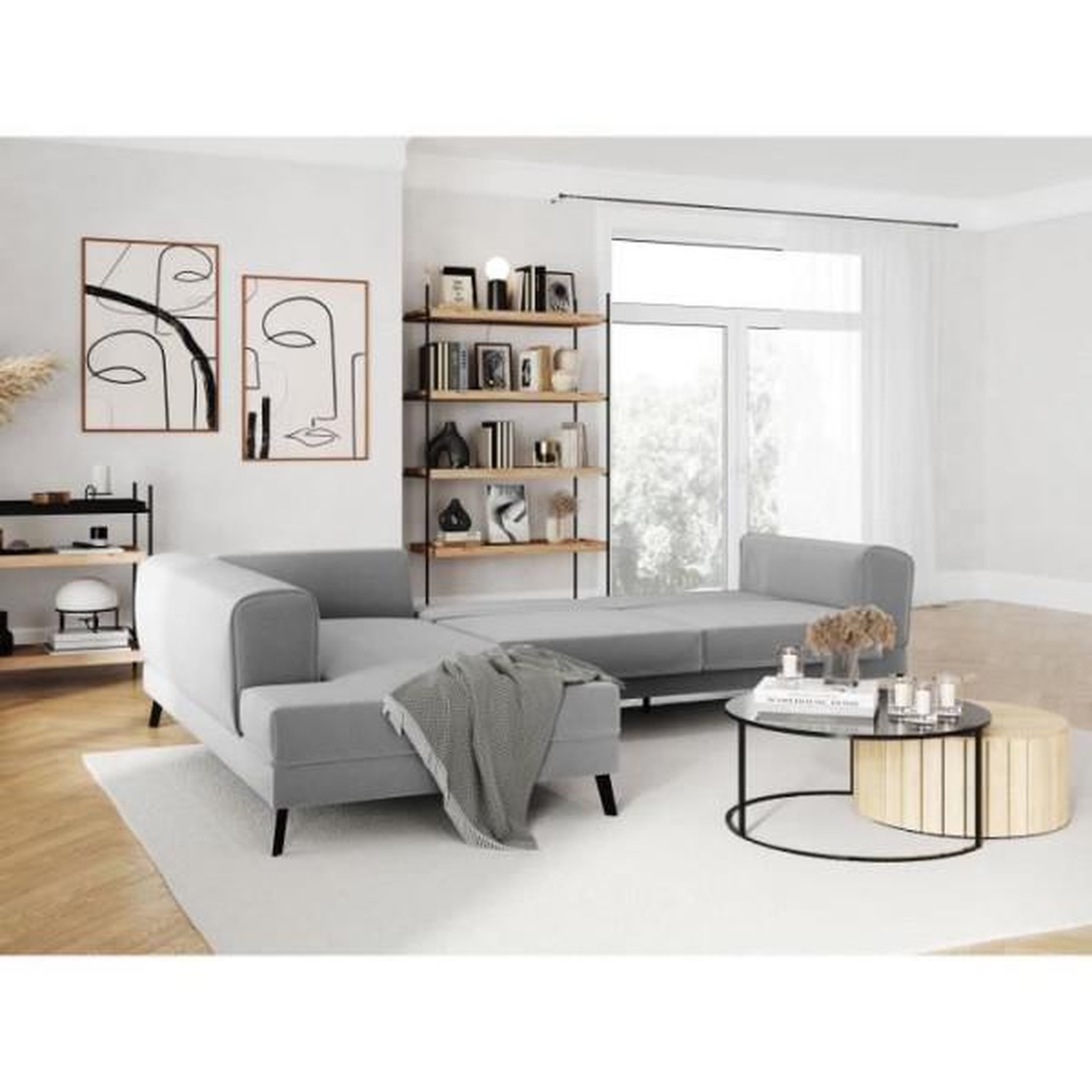 Voir la diapositive 2 : LOUNGITUDE Canapé d'angle gauche convertible IMPERIAL 5 places - Tissu gris clair - 2 coffres de rangement - L304 x P212 x H86 cm