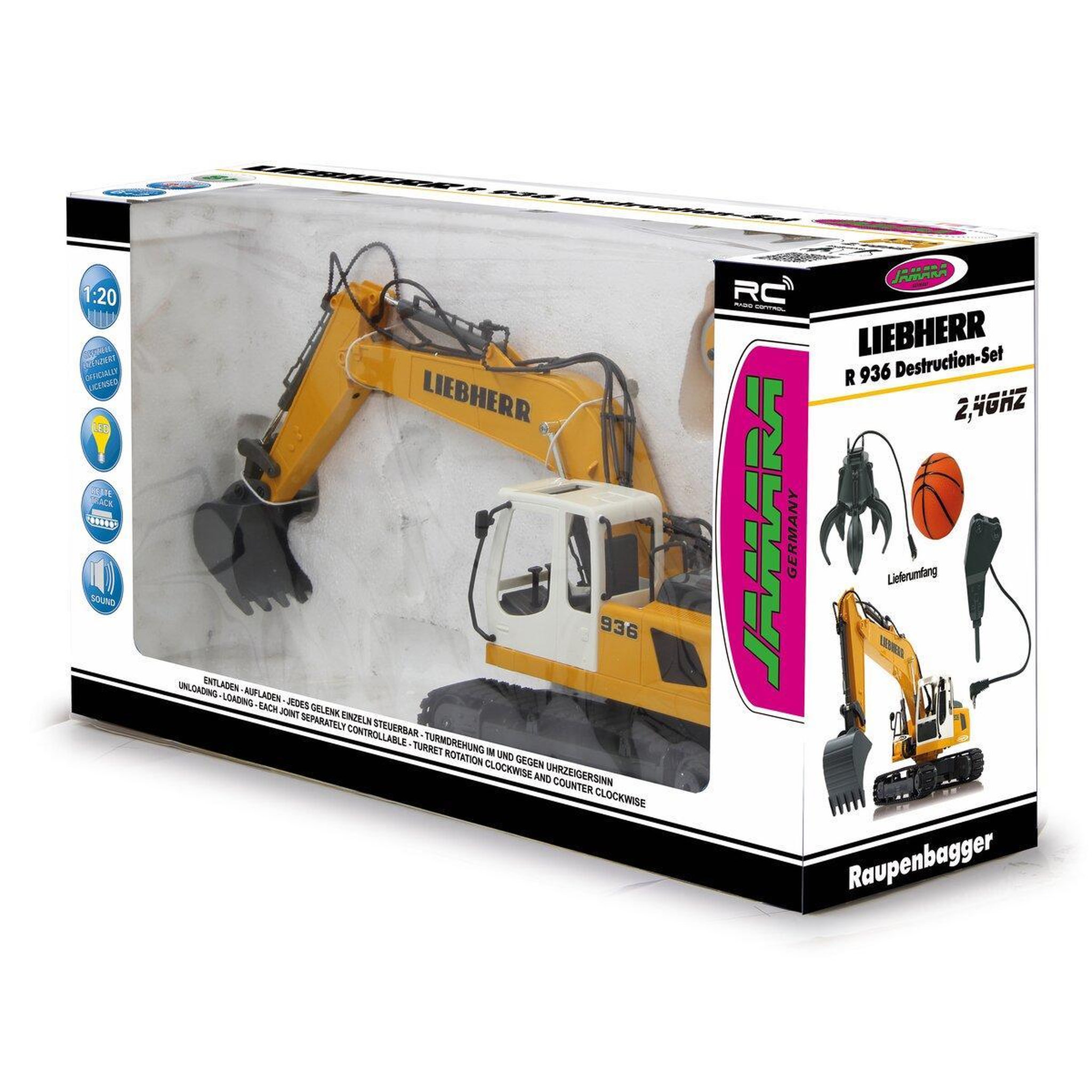 Voir la diapositive 2 : Jamara excavatrice Liebherr R936 1:20 2,4GHz Destruction Set avec Grappin obus et marteau de démolition