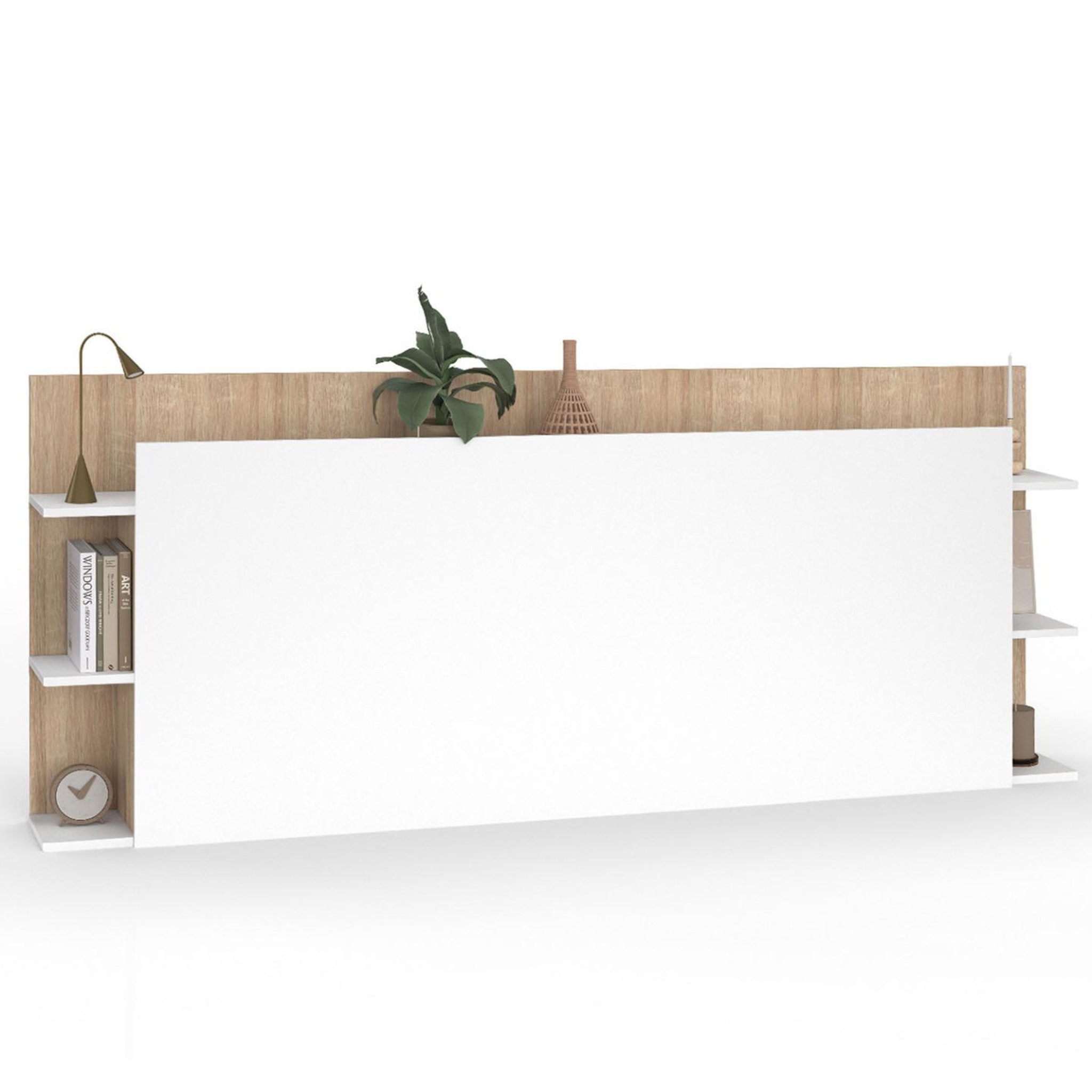 ID MARKET Tête de lit sur pied ciri pour lit 140 et 160 cm avec rangements blanc et bois