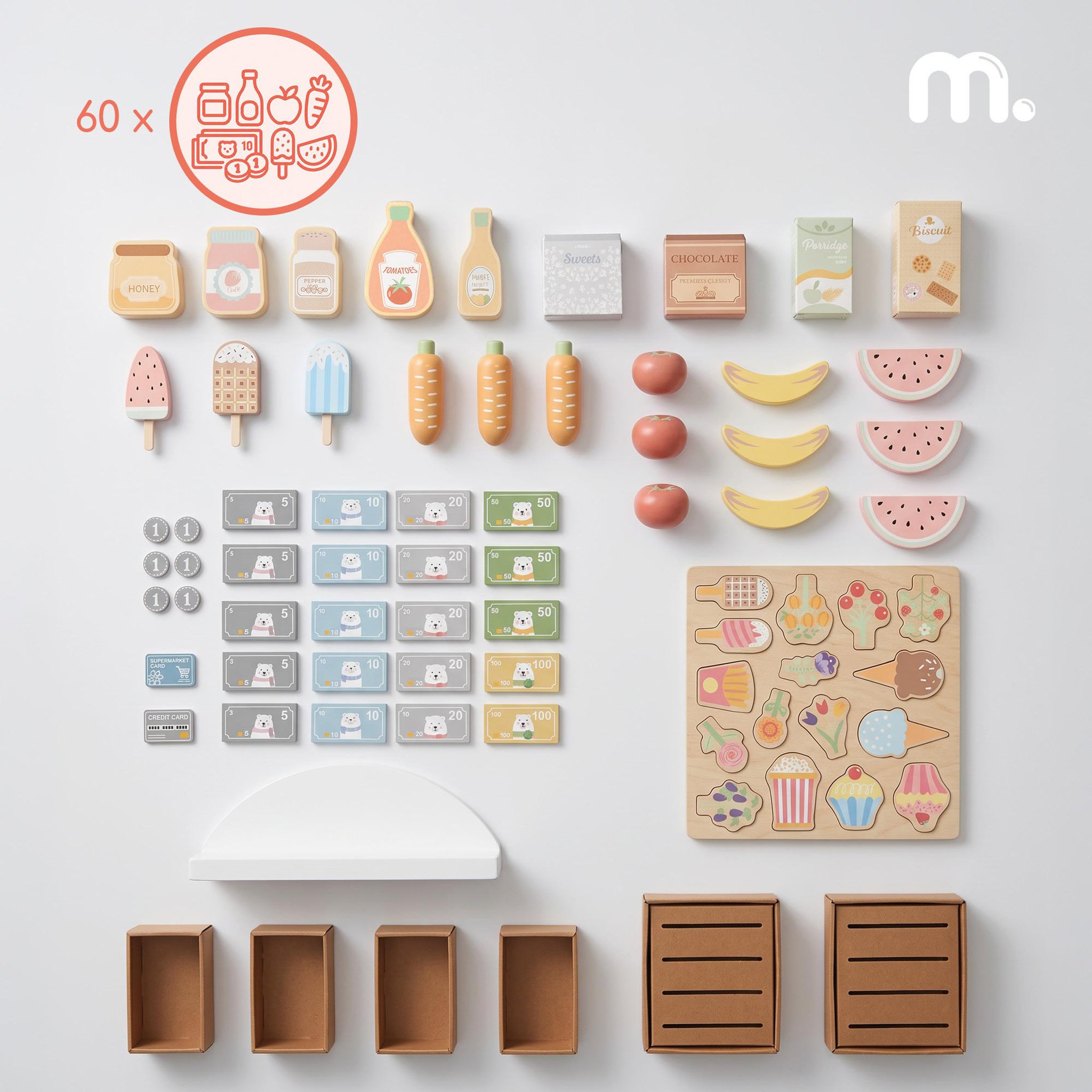 Voir la diapositive 5 : MAMABRUM Marchande Bois Enfant Mamabrum Sklep Jouet Caisse 60 Accessoires Supermarche 3 Ans