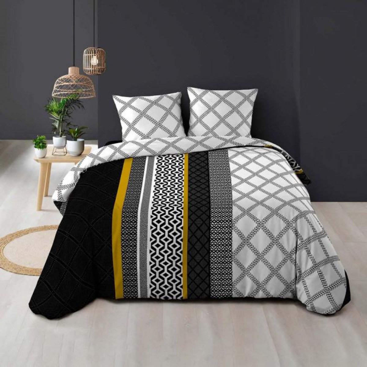 Paris Prix Parure de Lit 3 Pièces  Dakota  240x220cm Noir