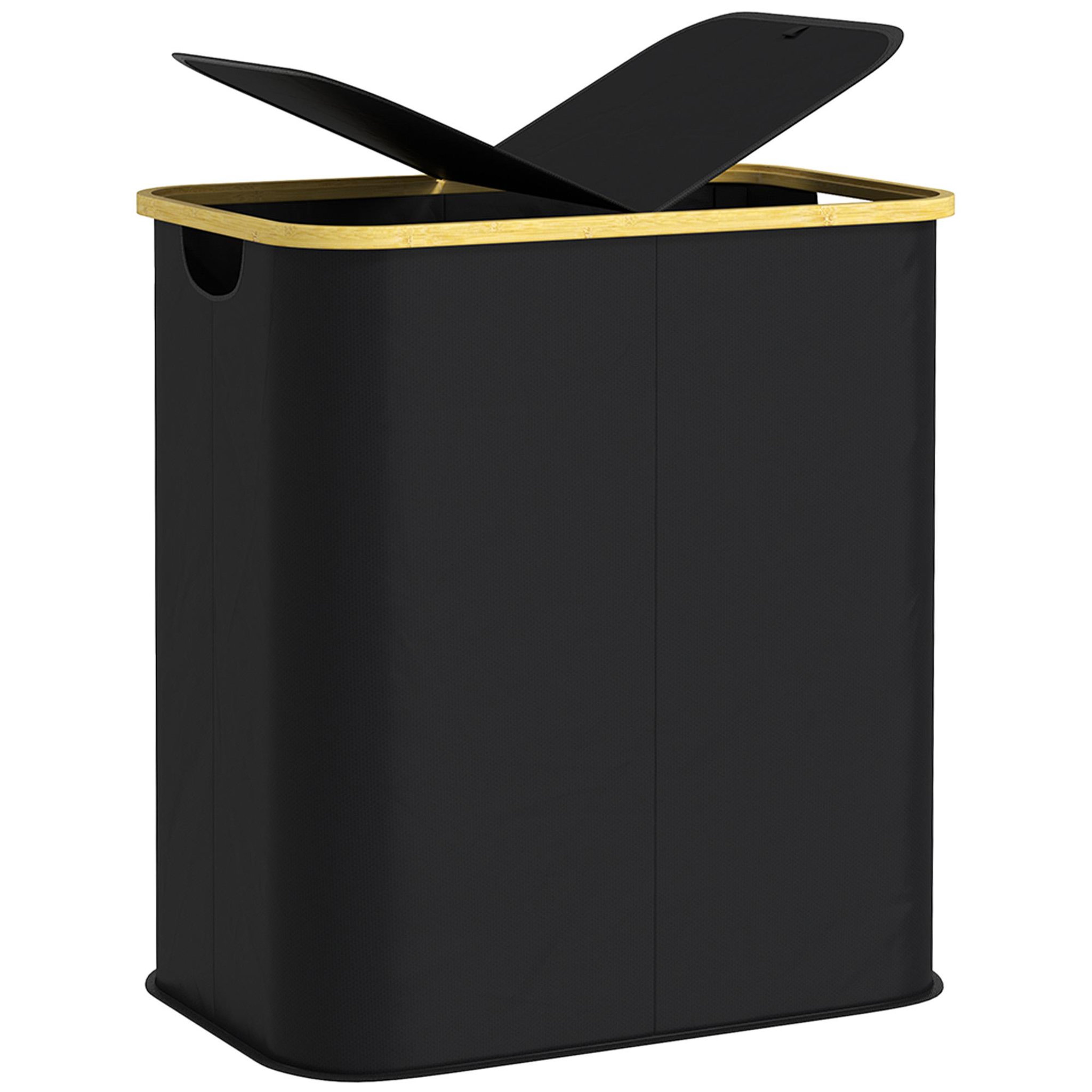 HOMCOM Panier à linge double pliable 80l - corbeille à linge sale avec couvercle et poignées - bambou non tissé noir