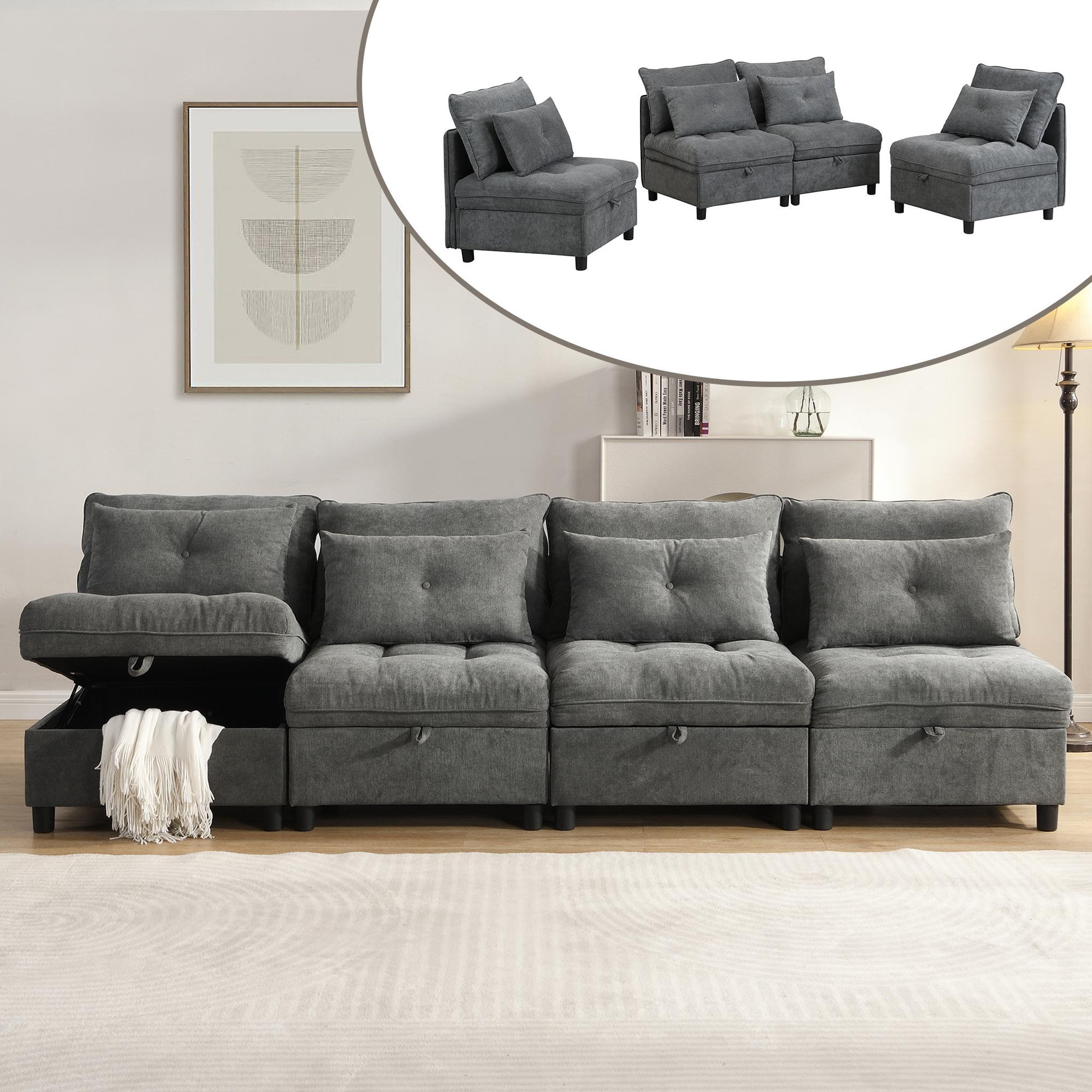 Voir la diapositive 2 : MERAX Canapé droit convertible 4 places tissu