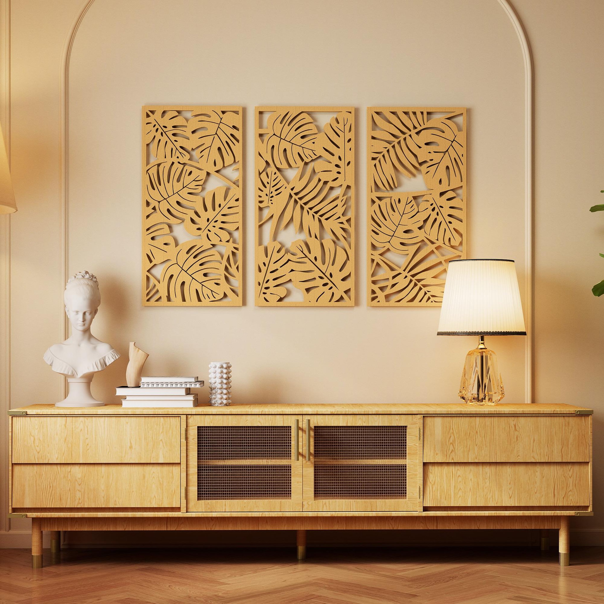 Voir la diapositive 6 : HOMCOM Déco murales feuilles exotiques - tableau triptyque - 40 x 80 cm - effet bois naturel