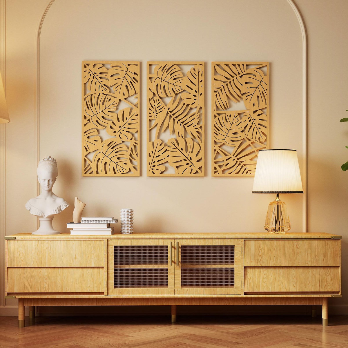 HOMCOM Déco murales feuilles exotiques - tableau triptyque - 40 x 80 cm - effet bois naturel