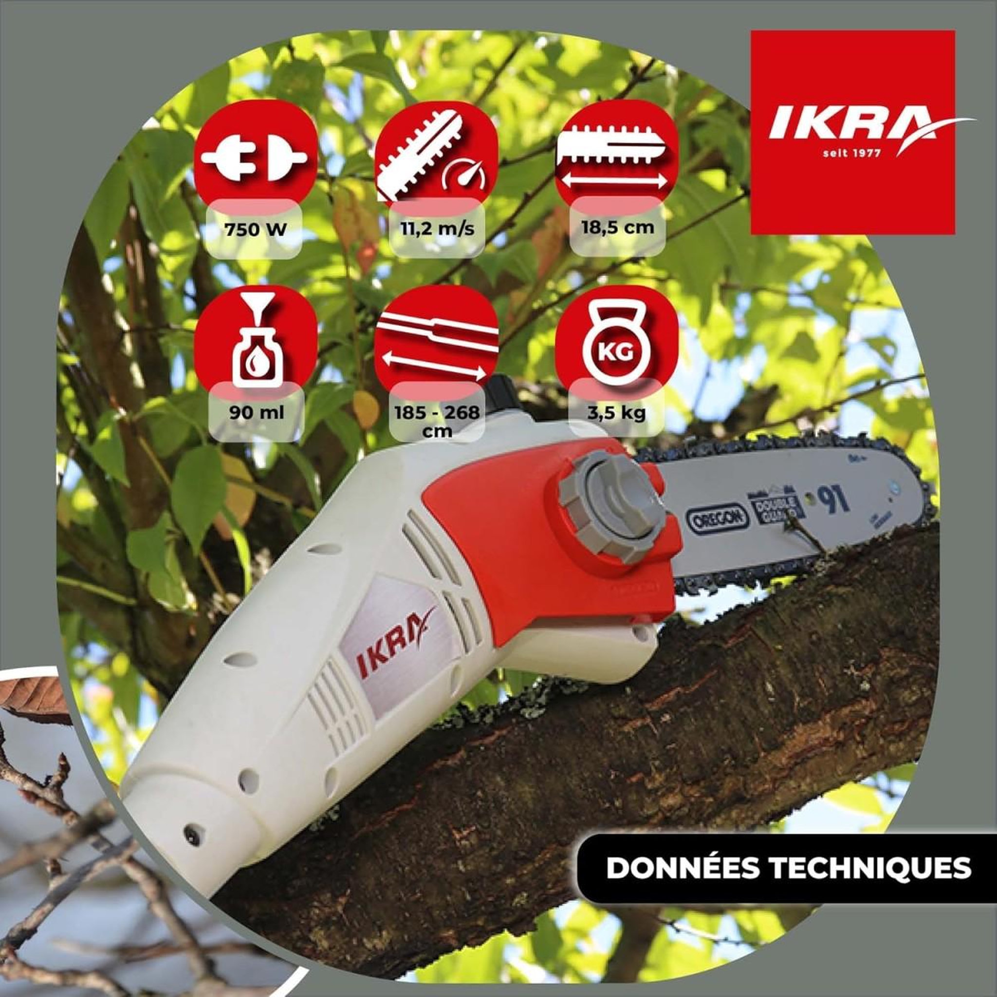 Voir la diapositive 2 : Ikra Élagueuse télescopique électrique 750W Guide Chaîne OREGON Extensible jusqu'à 4m Lubrification automatique Ikra