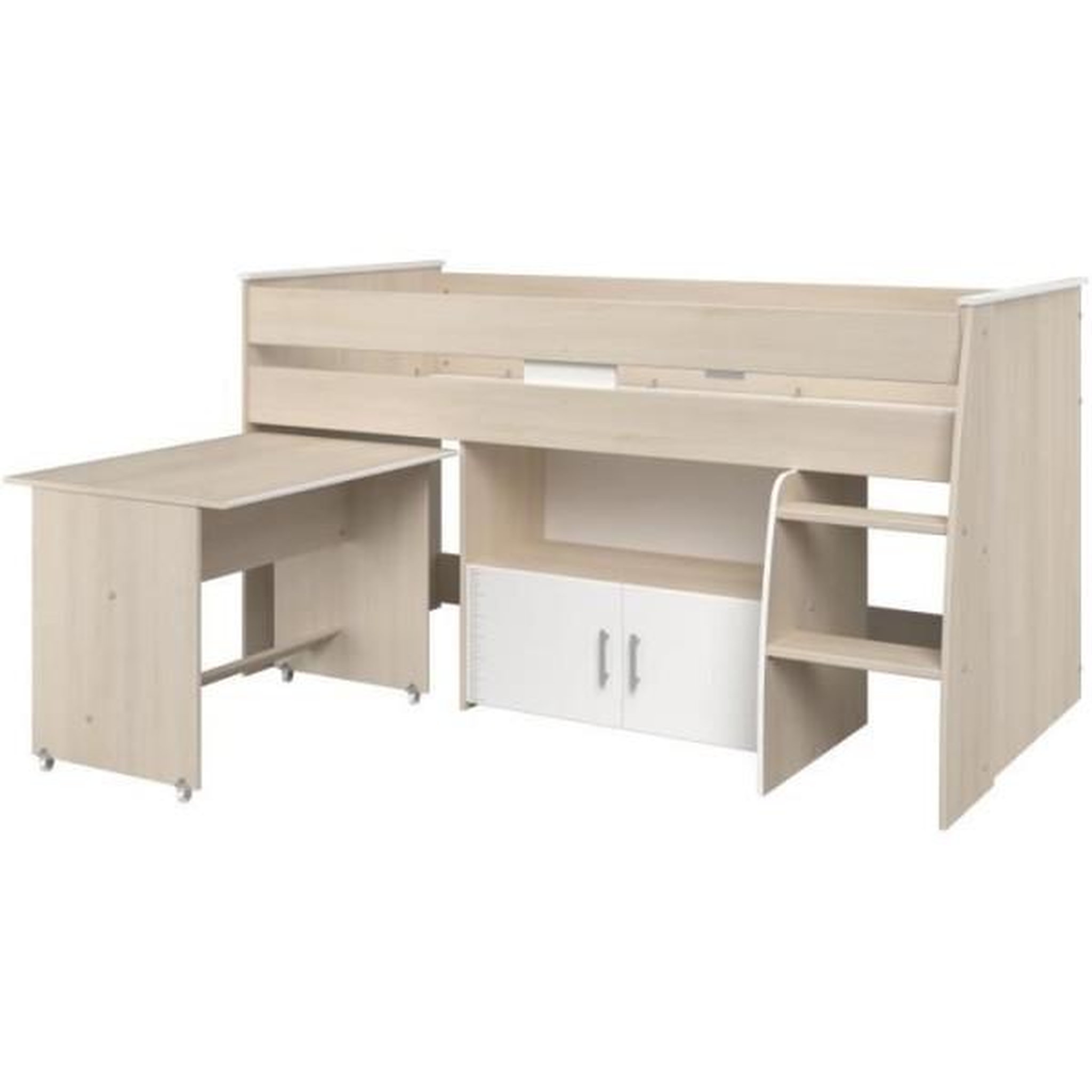 Voir la diapositive 4 : PARISOT Lit combiné enfant Parisot ZOLA 90x200 cm - 2 portes - Avec bureau - Décor acacia clair et blanc