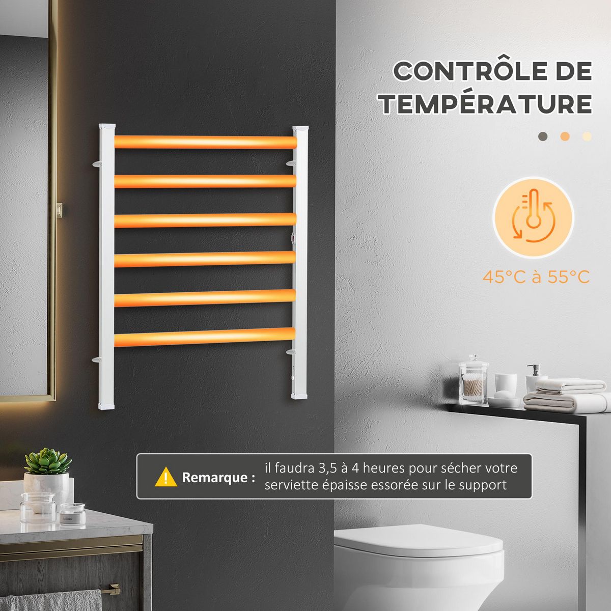 HOMCOM Sèche-serviettes électrique sur pied 140 W - radiateur porte-serviettes 6 barres - mural ou sur pied - H. 69 cm - alu.