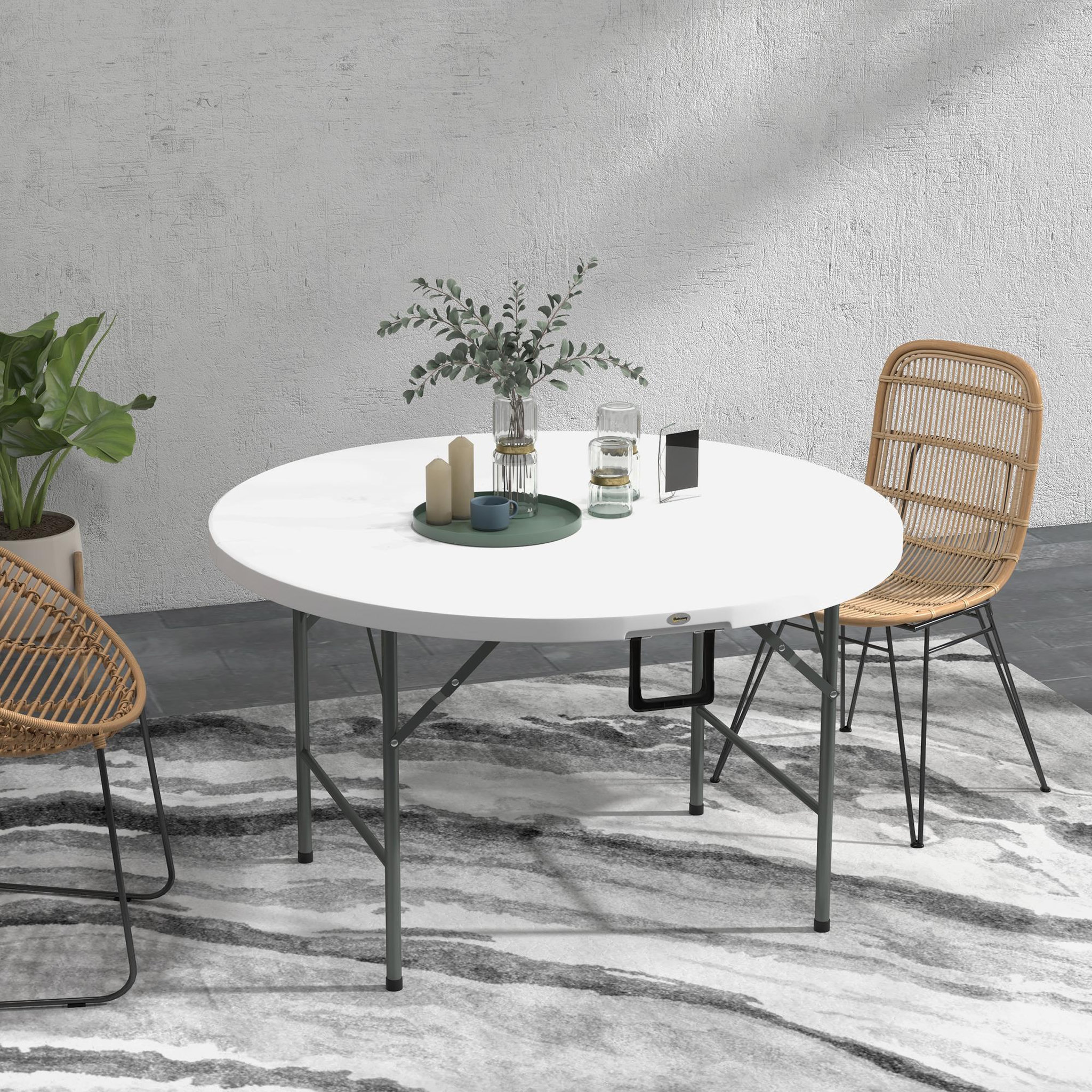 Voir la diapositive 2 : OUTSUNNY Table pliante table de camping pliable table de jardin ø 122 x 73h cm poignée acier époxy hdpe blanc