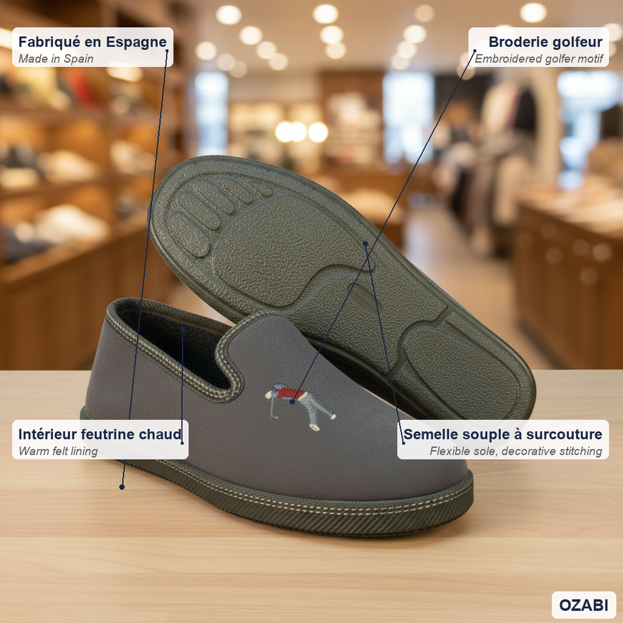 Voir la diapositive 5 : OZABI Ozabi pantoufles charentaises homme fabriquées en espagne broderie fantaisie