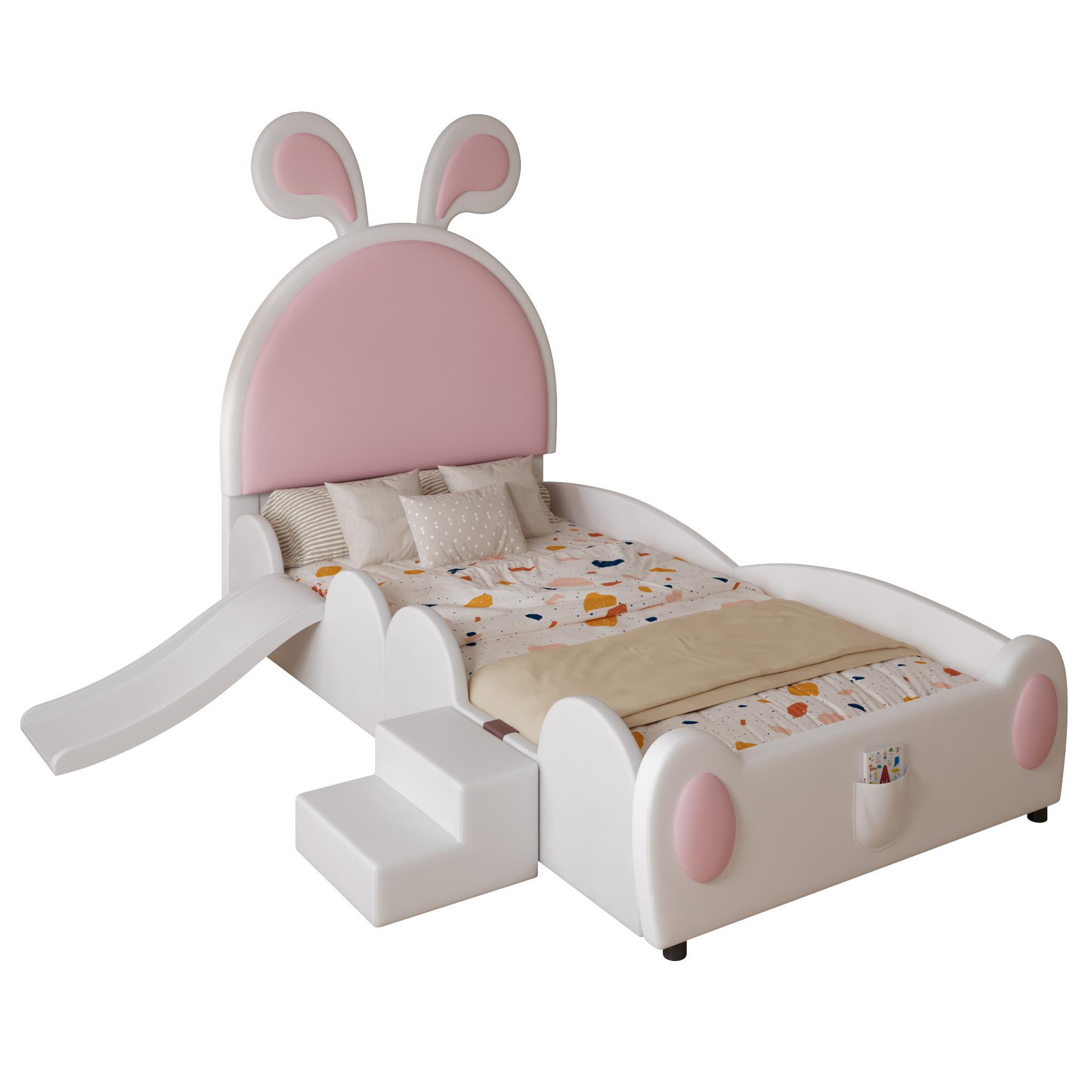 MERAX Lit simple enfant rembourré 90x200cm pu coloris blanc+rose