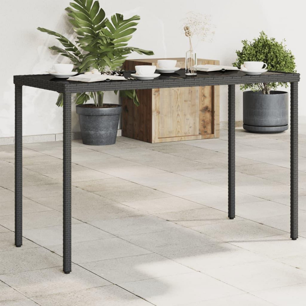VIDAXL Table de jardin dessus en verre noir 115x54x74cm resine tressee