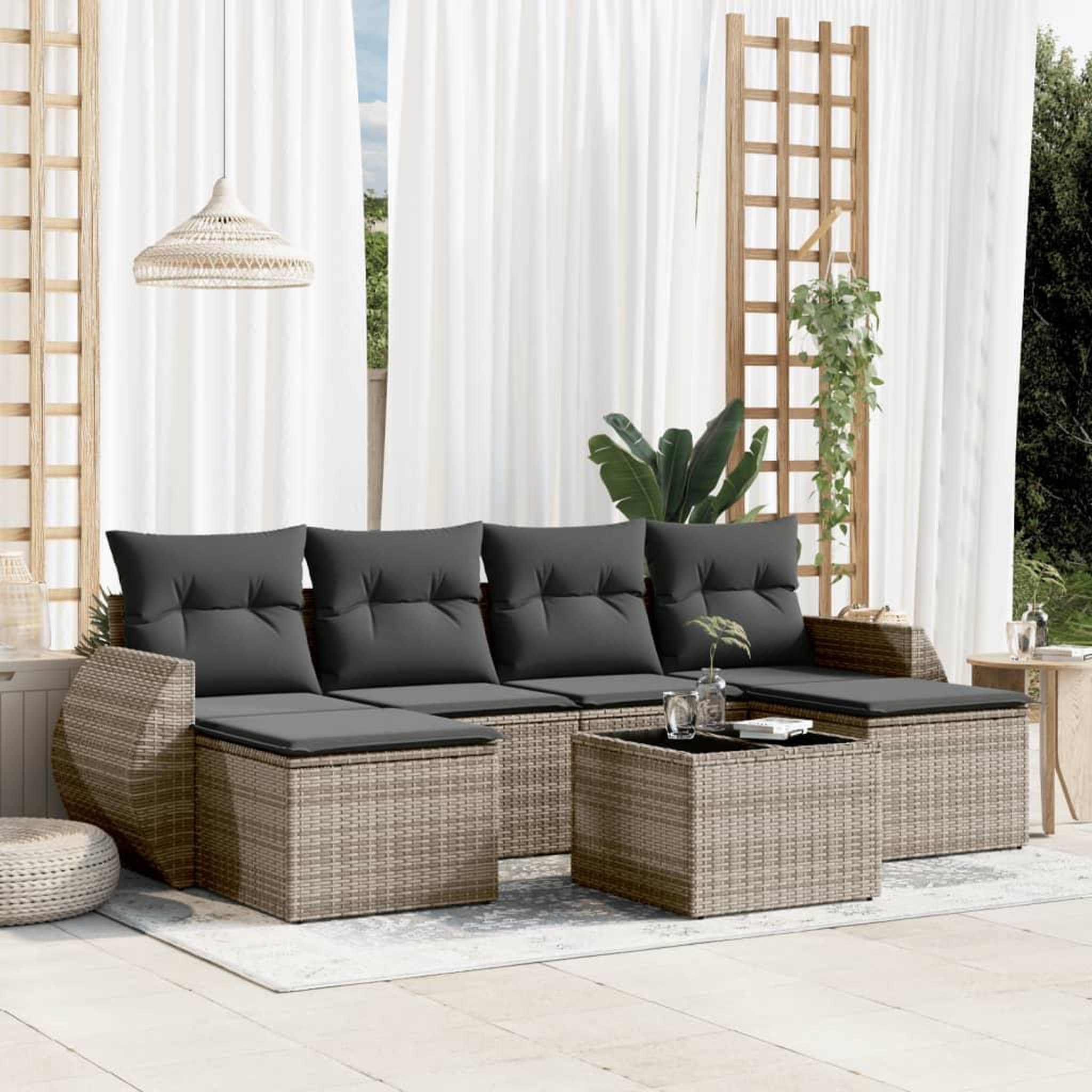 VIDAXL Salon de jardin avec coussins 7 pcs gris resine tressee