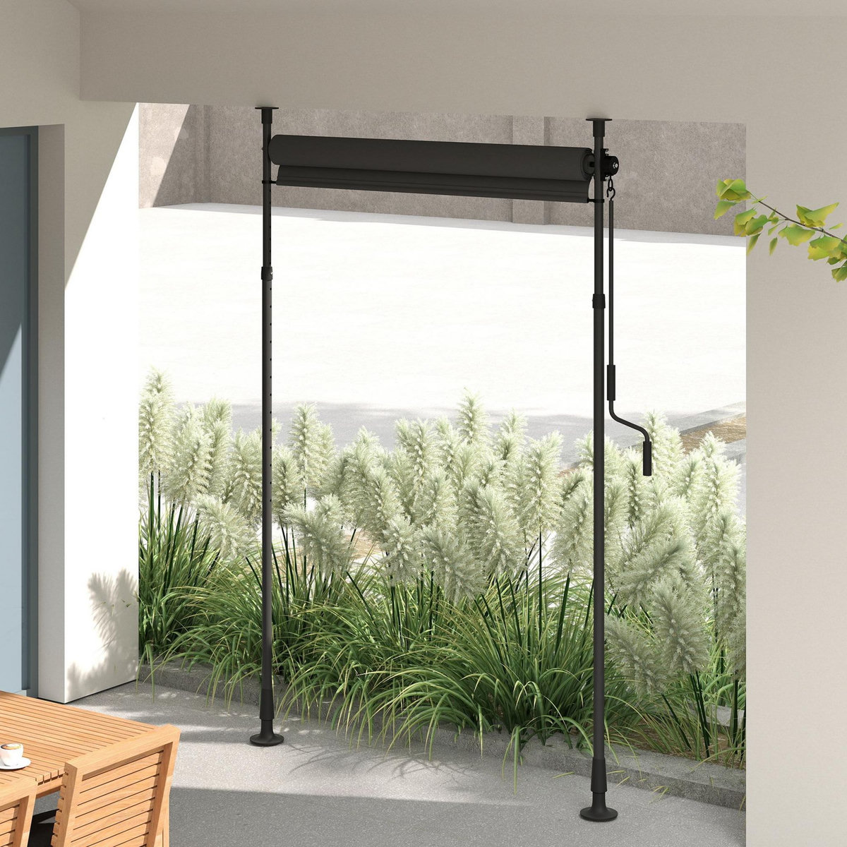 OUTSUNNY Store extérieur sur pied store manuel rétractable enroulable réglable H.2,2-3,1m sans perçage métal polyester gris