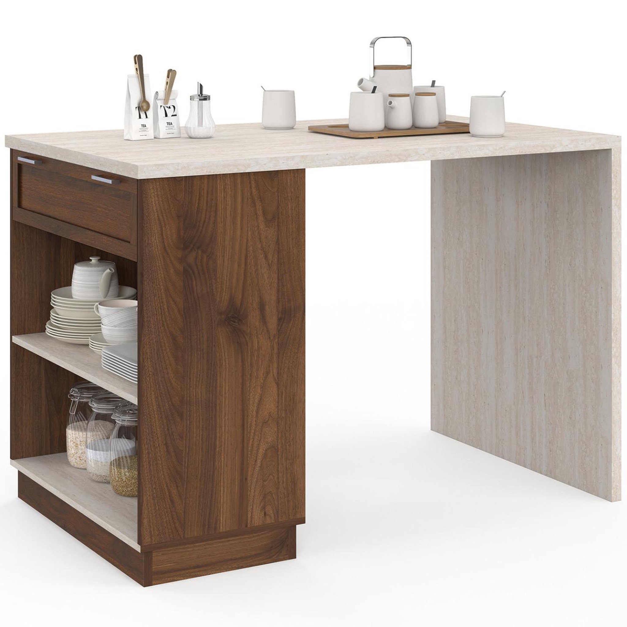 ID MARKET Ilot central mange-debout 4 personnes vito 130 cm bois noyer et plateau effet travertin