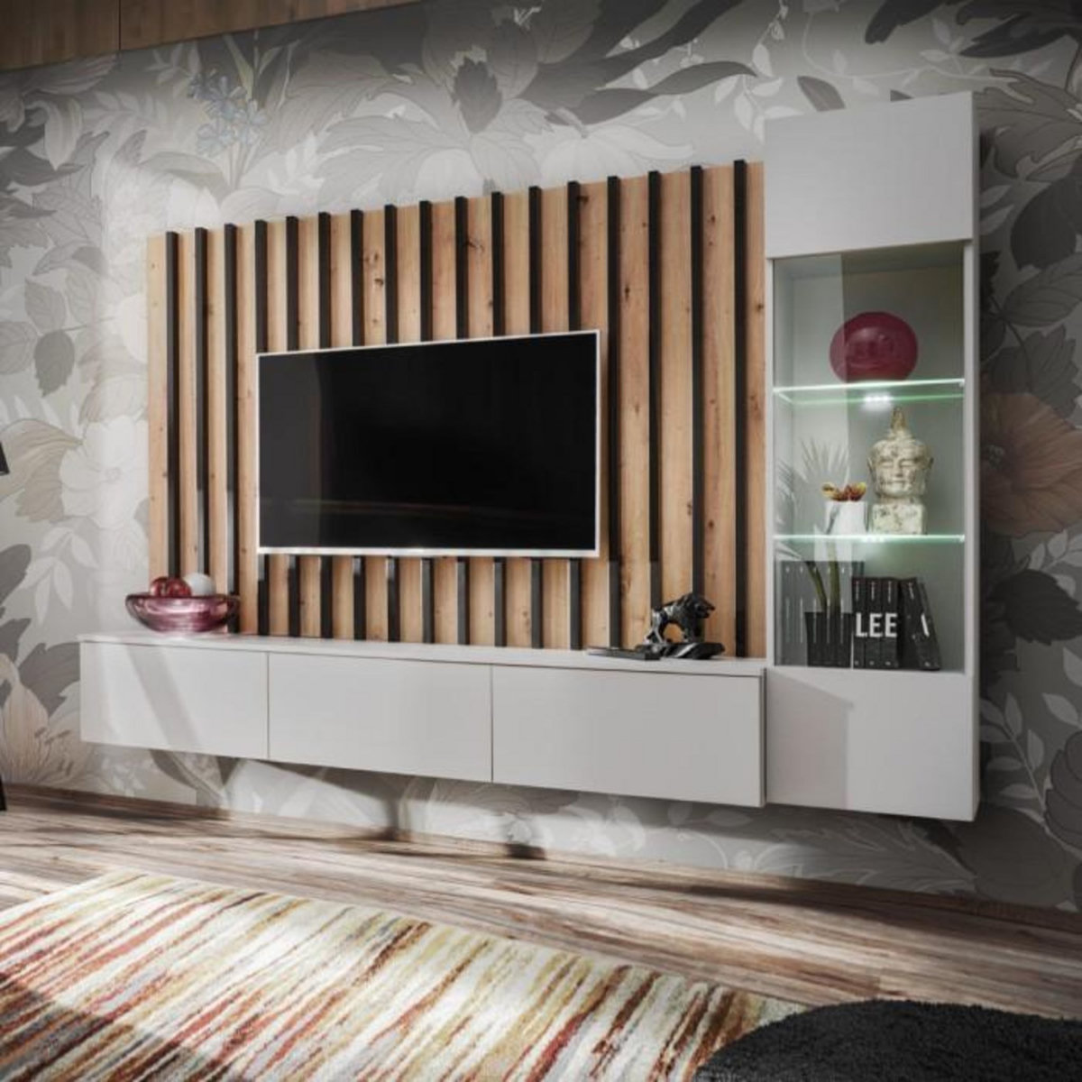 Paris Prix Ensemble Meuble TV Design  Verti  220cm Gris & Naturel