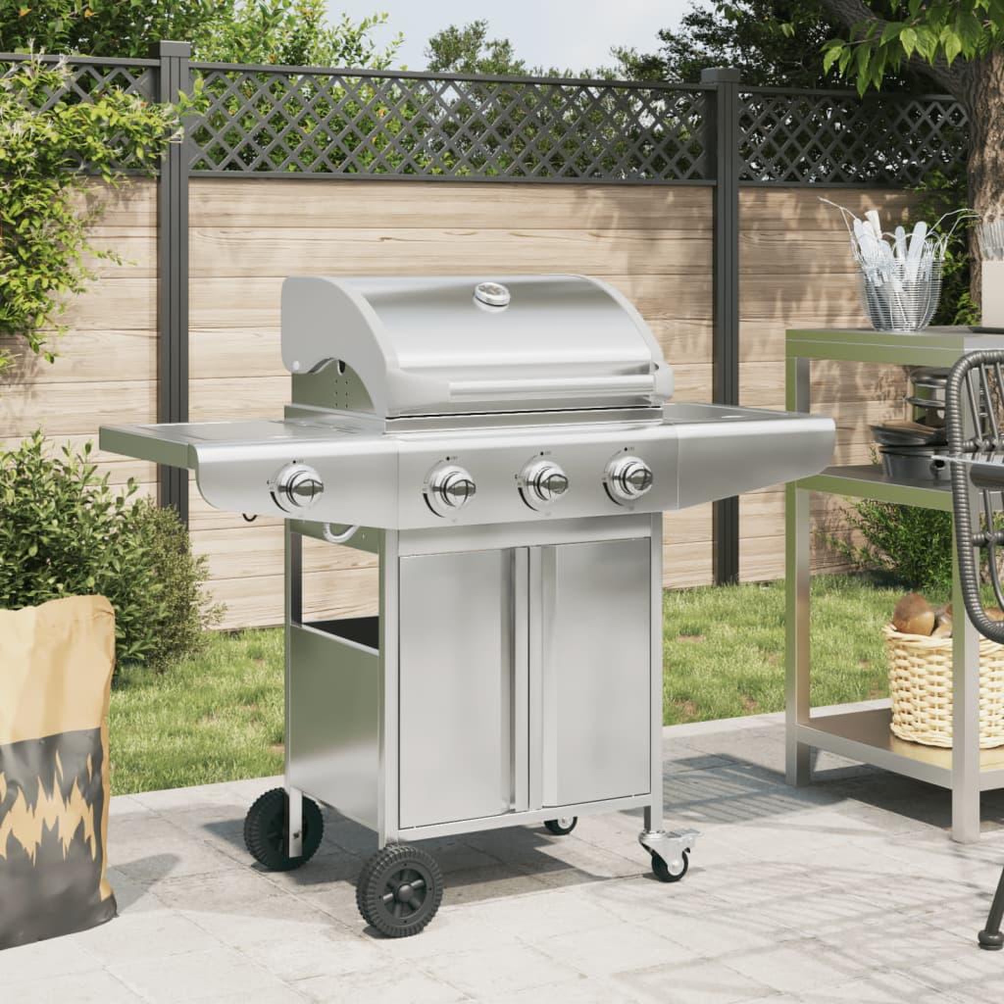 VIDAXL Barbecue gril a gaz avec 4 bruleurs argente acier inoxydable