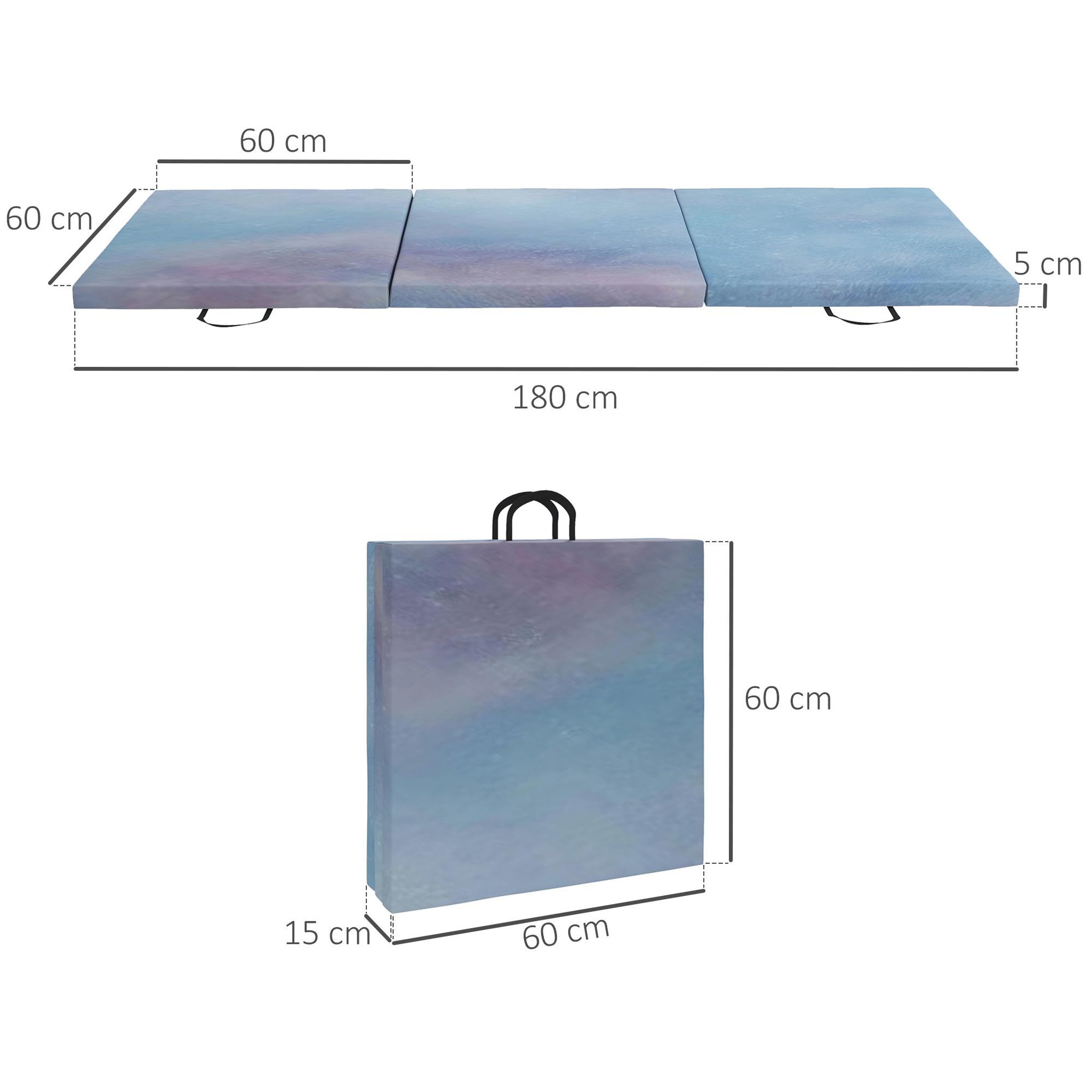 Voir la diapositive 3 : HOMCOM Tapis de sol gymnastique fitness pliable portable rembourrage mousse 5 cm dim. 1,8l x 0,6l m revêtement synthétique bleu