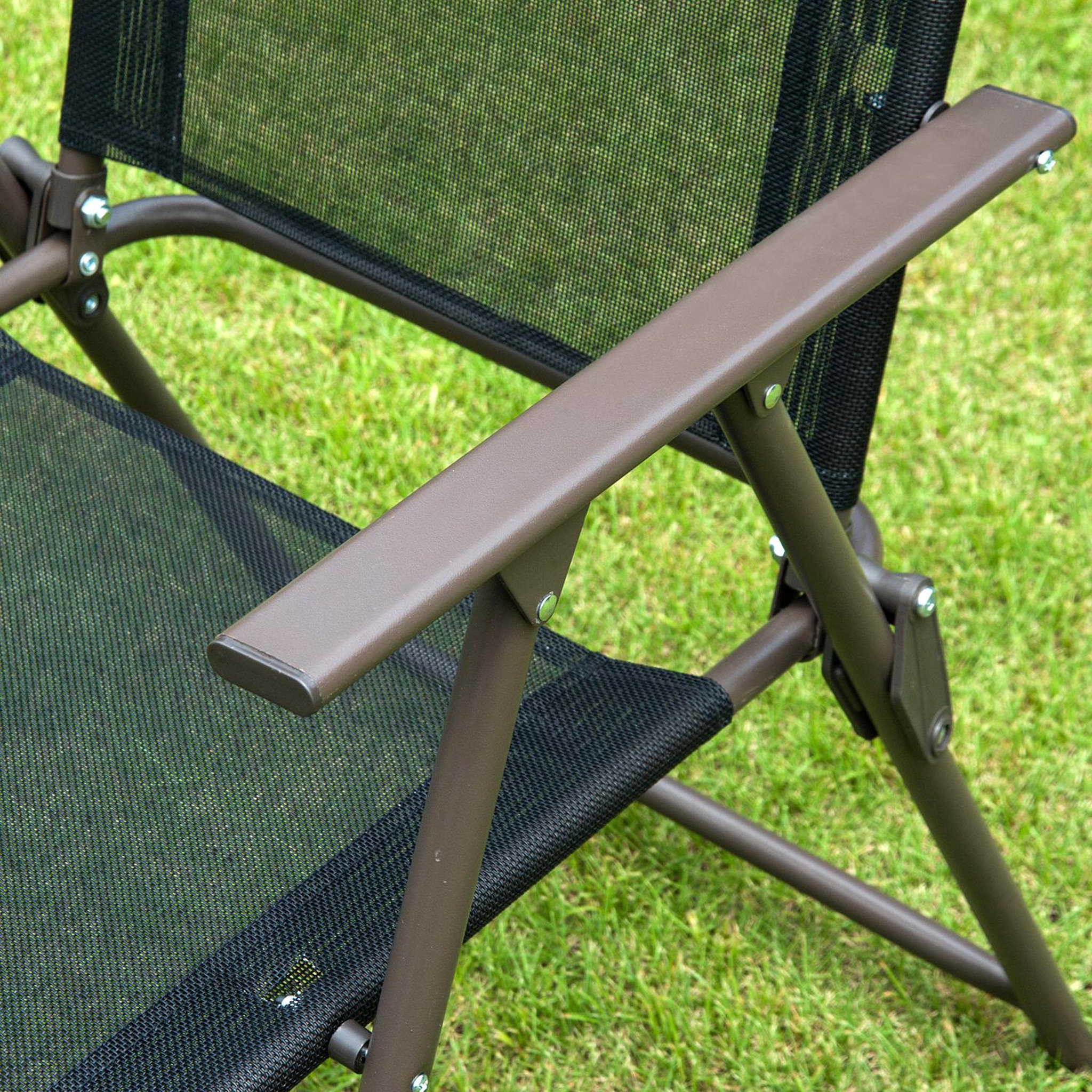 Voir la diapositive 5 : OUTSUNNY Ensemble salon de jardin 6 pcs - table ronde + 4 chaises pliables + parasol - acier époxy café textilène polyester noir