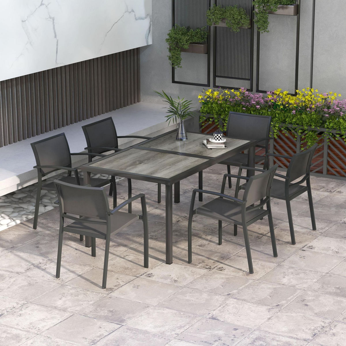 OUTSUNNY Ensemble salon de jardin 6 places 7 pièces avec table à manger acier textilène aspect bois gris