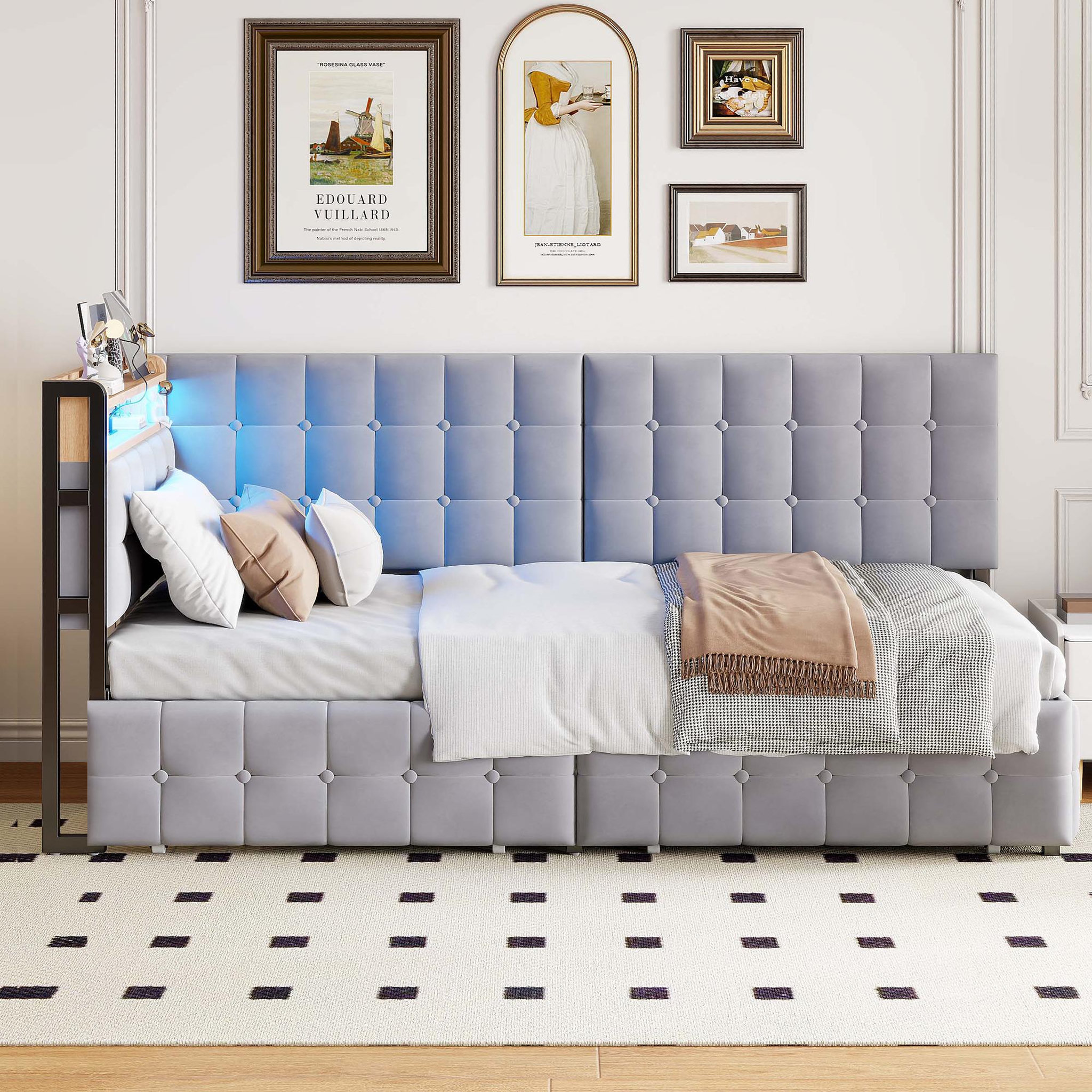 Voir la diapositive 4 : MERAX Lit avec rangement rembourré 90x200cm