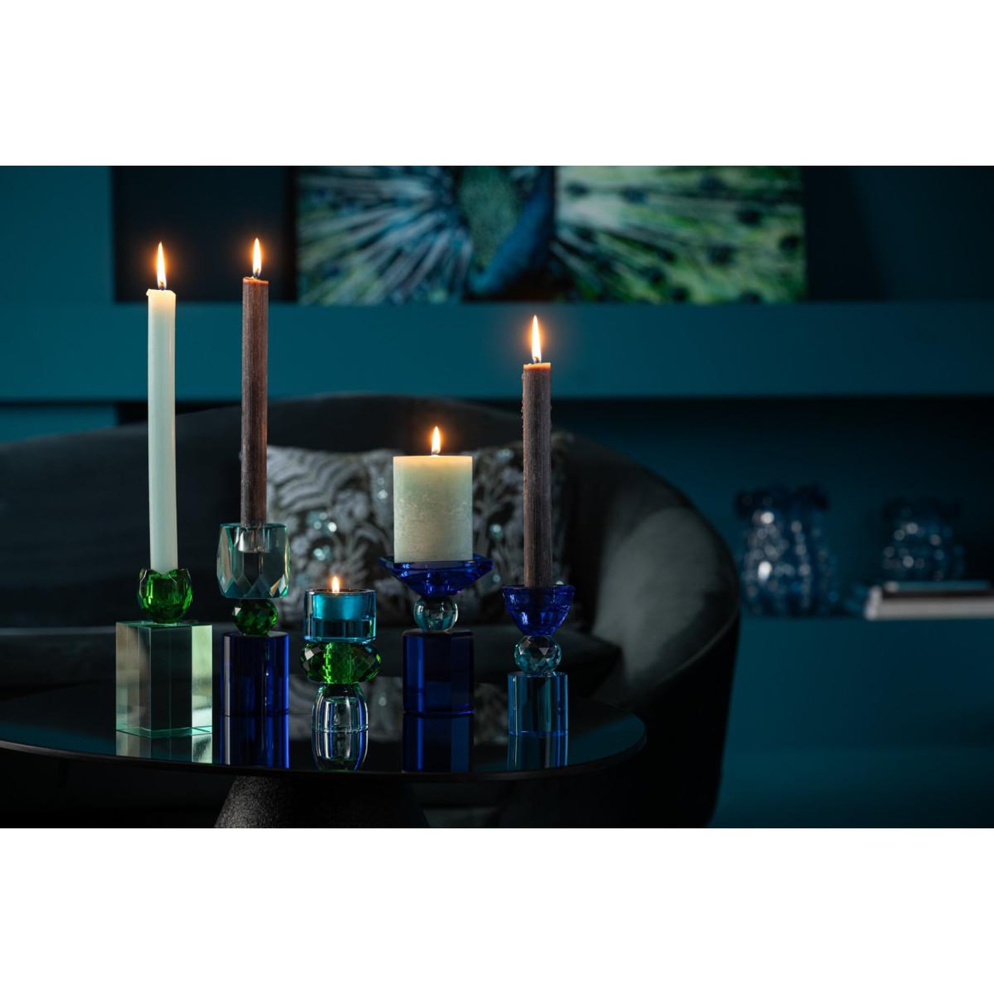 Voir la diapositive 4 : J-LINE Bougeoir design en verre  taillé  13cm bleu