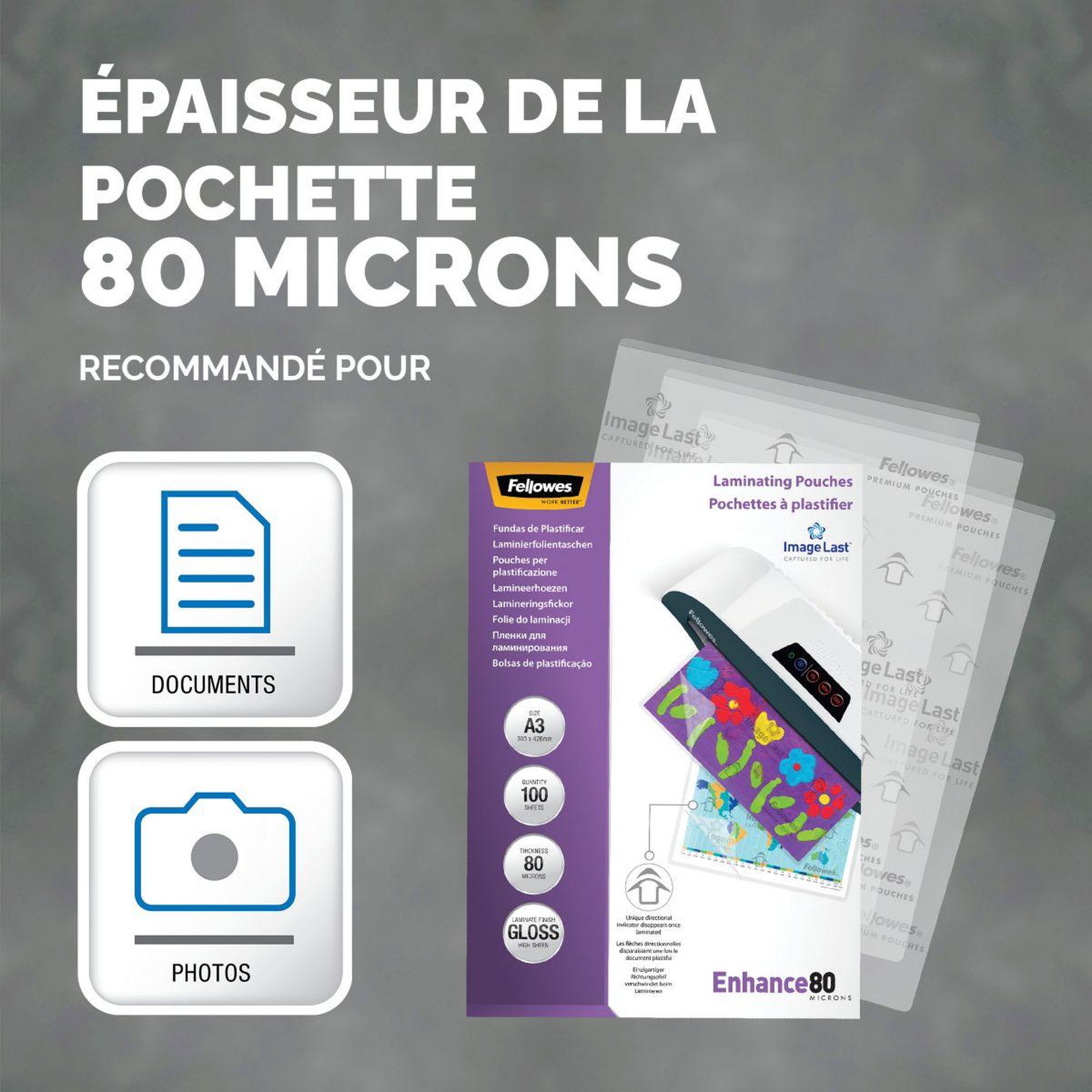 Voir la diapositive 3 : Fellowes Consommable de bureau pour plastifieuse plastification a3 80 mic x100