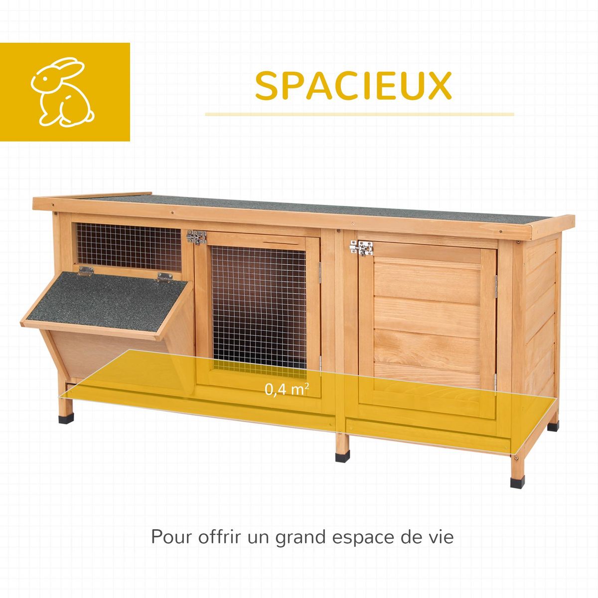 PAWHUT Clapier sur pieds - cage à lapin - 2 plateaux coulissants à excrément, 2 portes verrouillables, toit bitumé ouvrant, râtelier à foin - bois sapin pré-huilé