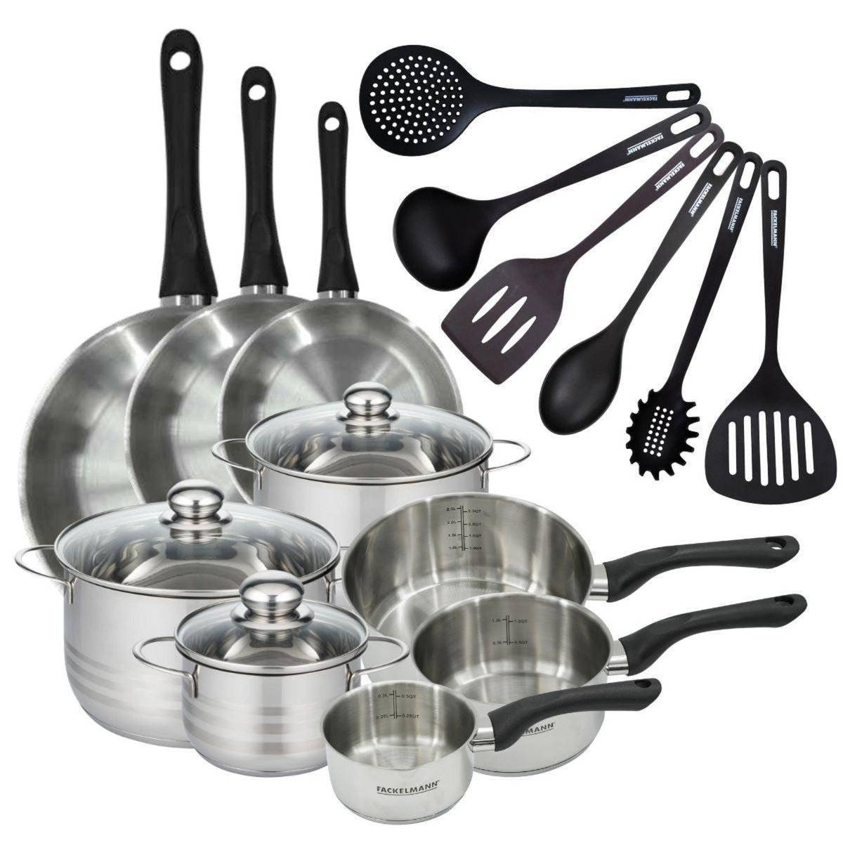 Fackelmann Set 3 poêles 20 24 28 cm 3 casseroles 12 16 20 cm, 3 faitouts 16, 20 et 24 cm en inox et 6 ustensiles RPET Fackelmann Geneva