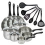Voir la diapositive 1 : Fackelmann Set 3 poêles 20 24 28 cm 3 casseroles 12 16 20 cm, 3 faitouts 16, 20 et 24 cm en inox et 6 ustensiles RPET Fackelmann Geneva