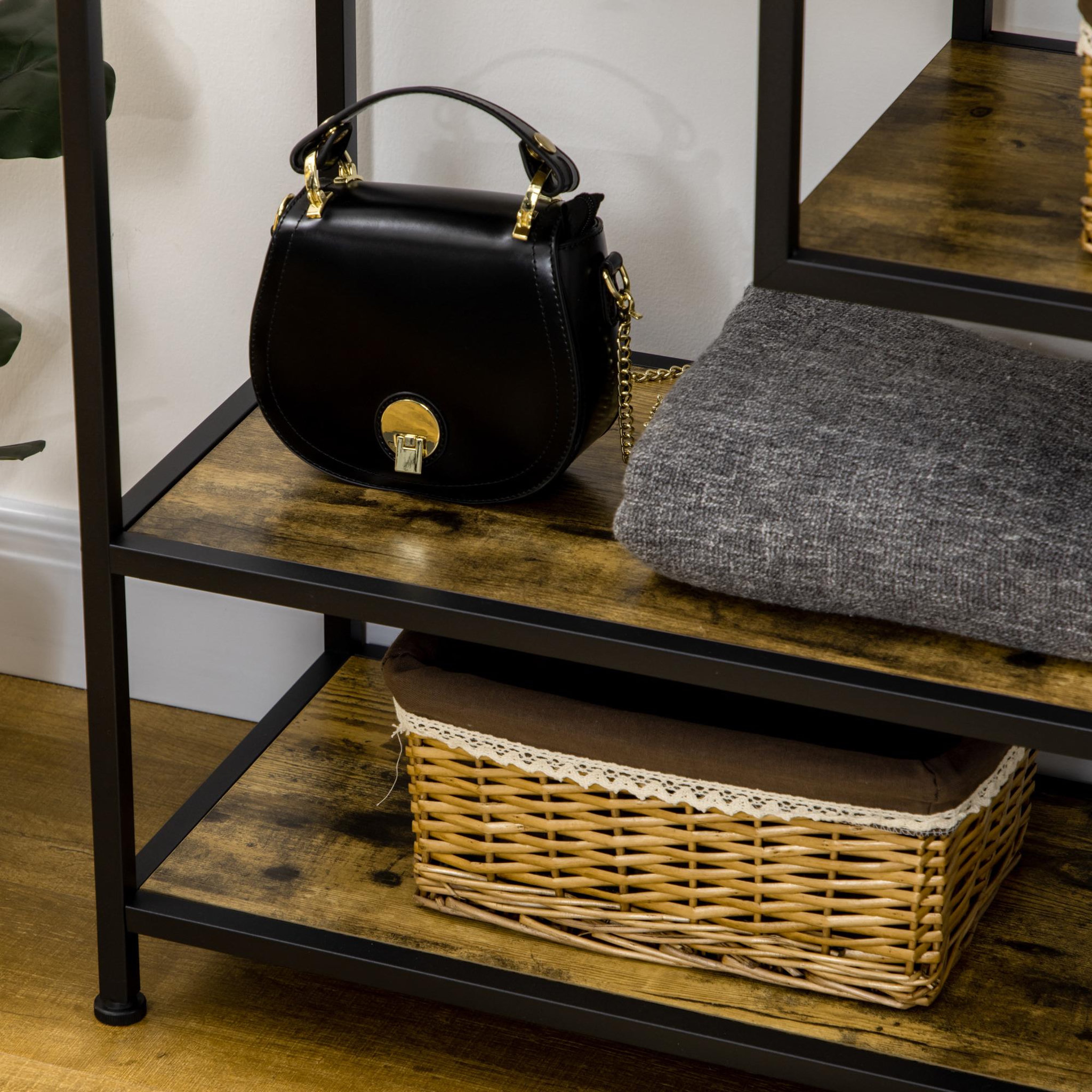 Voir la diapositive 6 : HOMCOM Console design industriel 4 étagères acier noir panneaux aspect bois vieilli