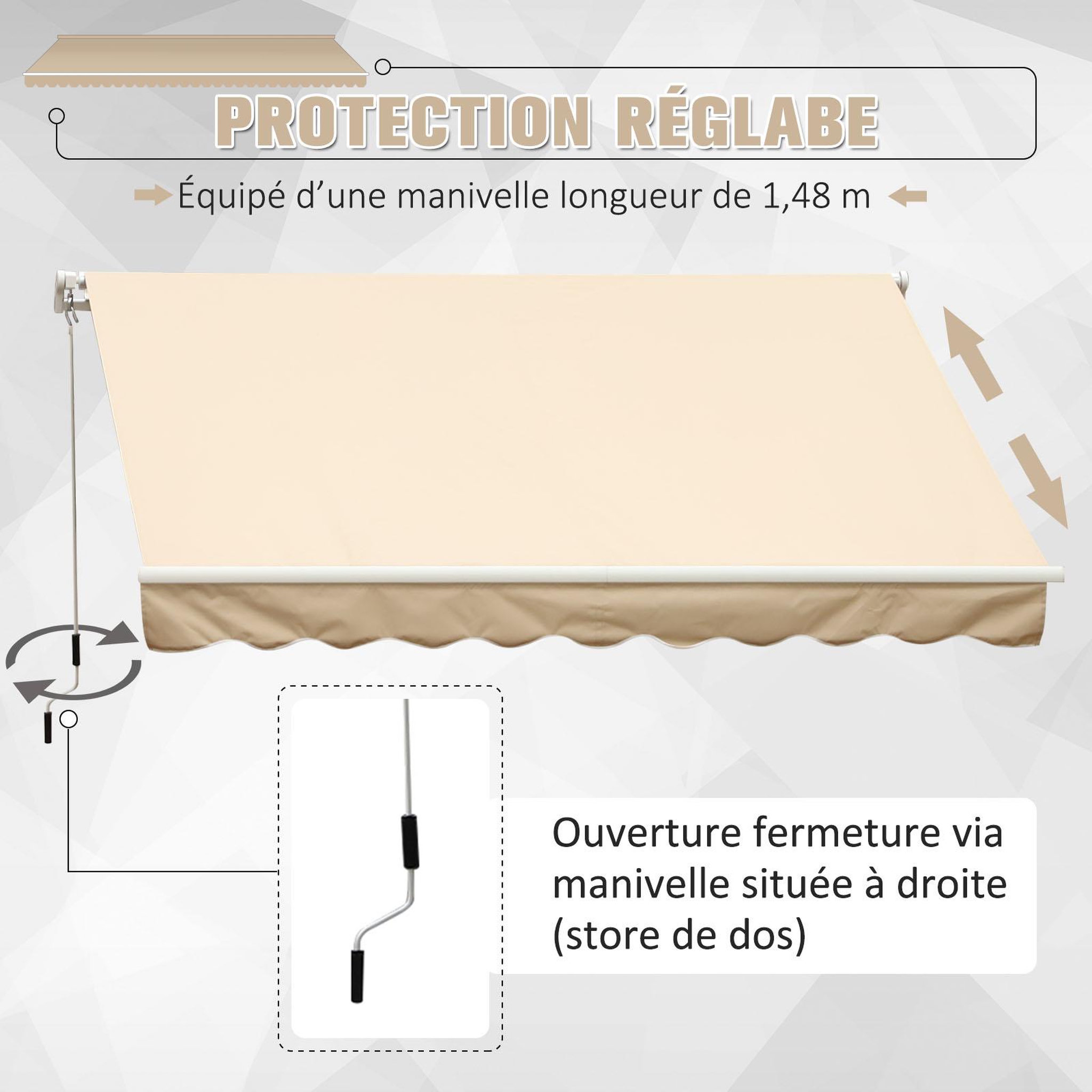 Voir la diapositive 4 : OUTSUNNY Store banne manuel rétractable alu. polyester imperméabilisé haute densité 4 x 2,5 m beige