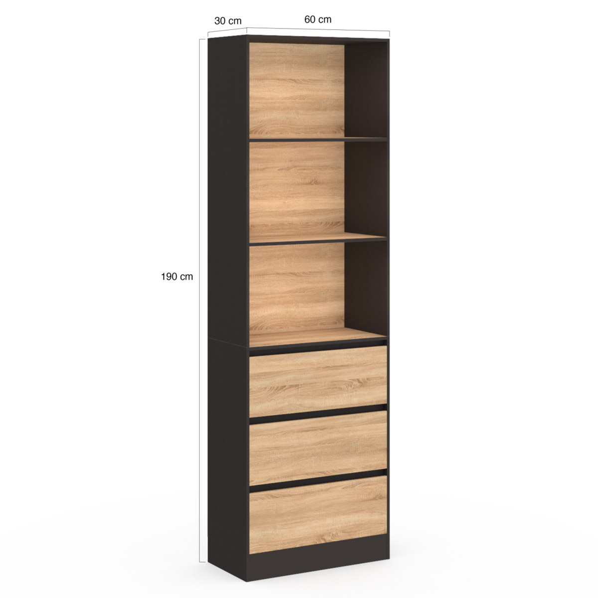 ID MARKET Etagère bibliothèque CARLA 3 niveaux 3 tiroirs noir et effet bois H.190 cm