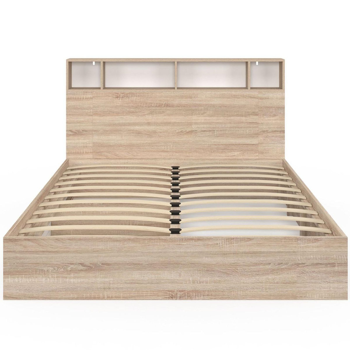 ID MARKET Lit double CLEM avec rangements + tête de lit et sommier 160 x 200 cm hêtre et blanc