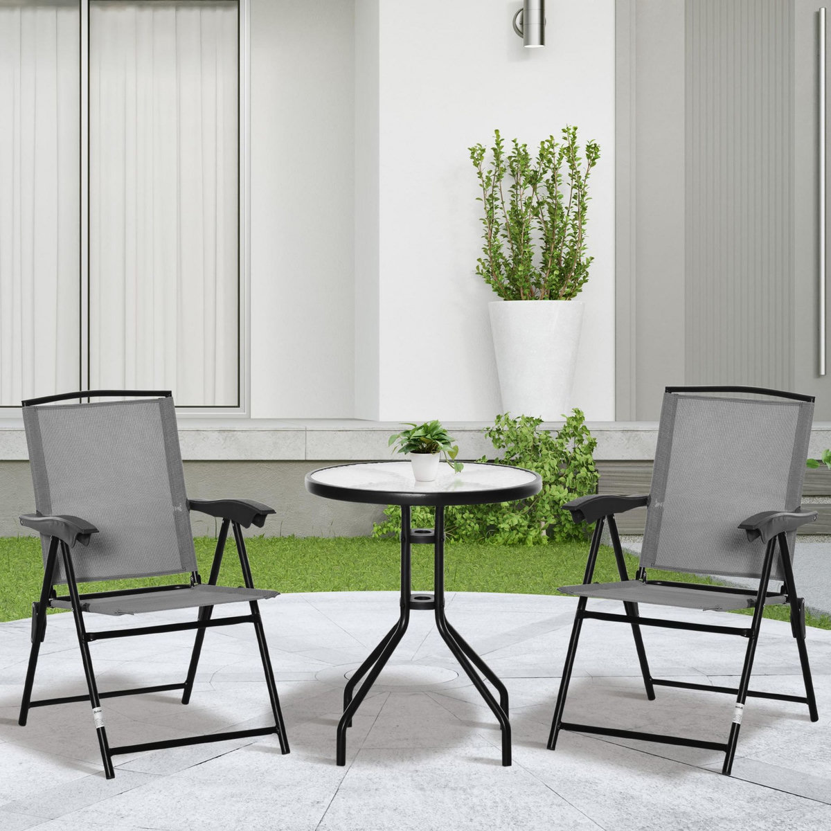 OUTSUNNY Ensemble de jardin 3 pièces 2 chaises inclinables multi-positions pliables + table ronde verre trempé métal époxy textilène gris