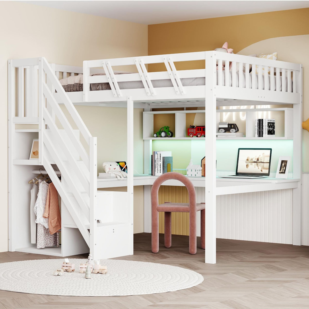 MERAX Lit mezzanine 140x200 cm coloris blanc led bois massif