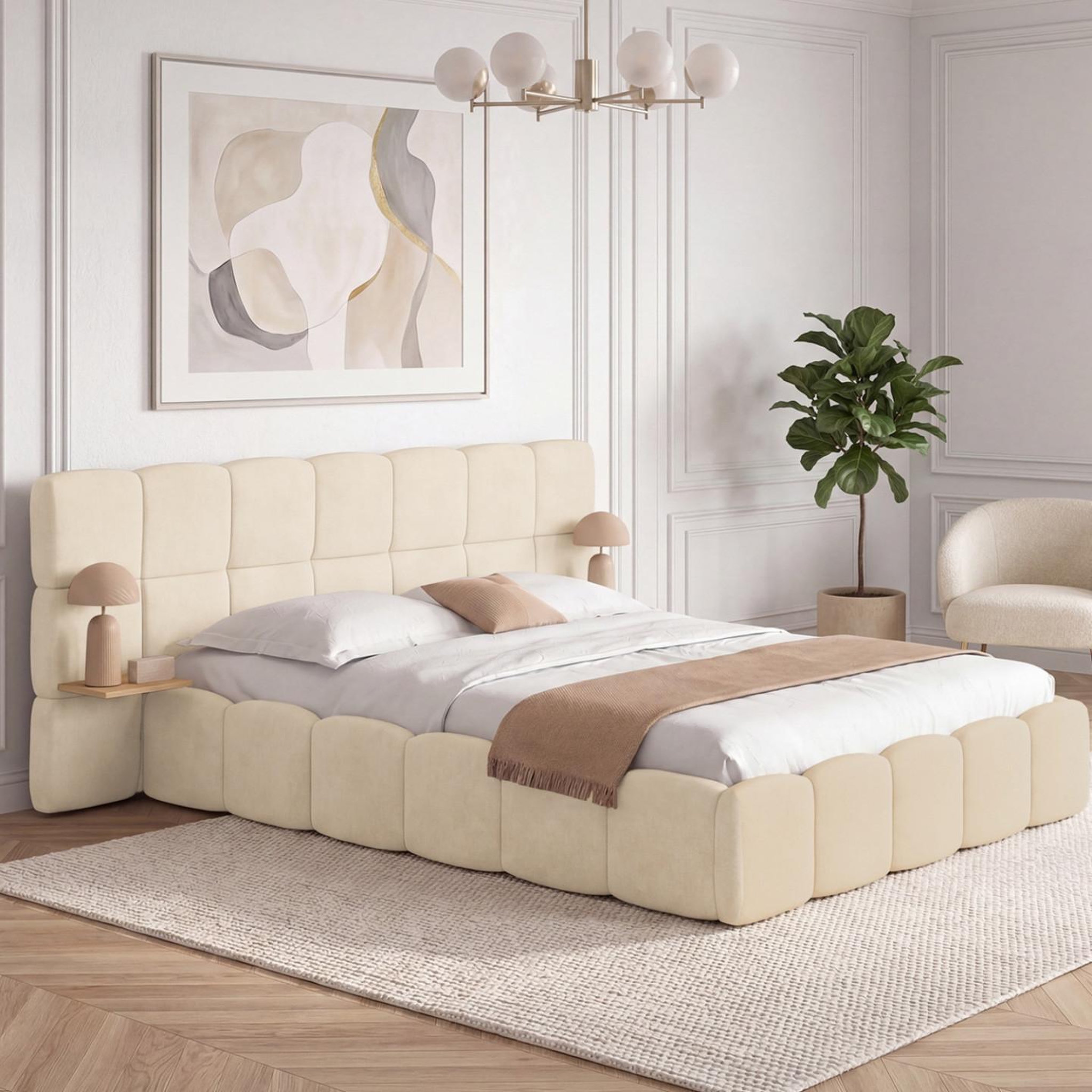 Voir la diapositive 2 : ID MARKET Lit coffre double nuage avec tête de lit matelassée + tables de chevet intégrées et sommier 140 x 190 cm velours beige