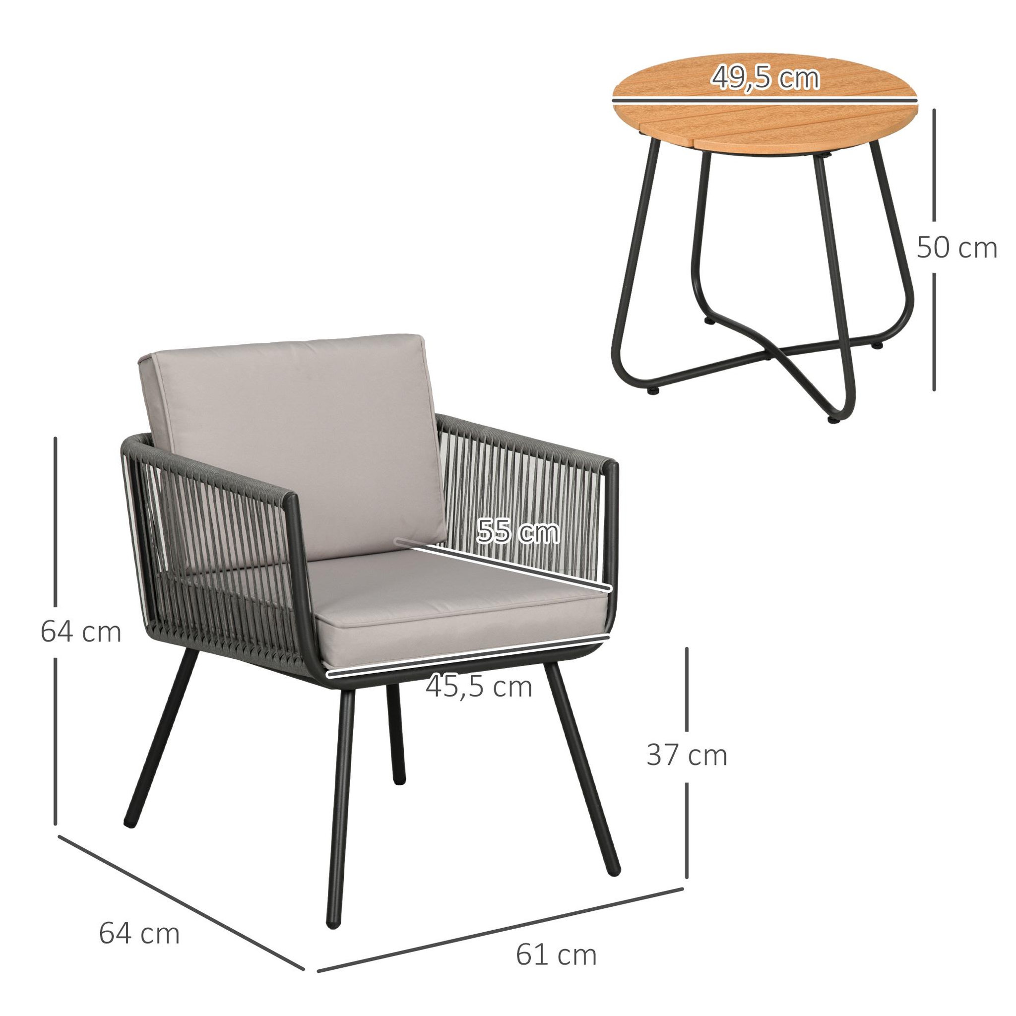 Voir la diapositive 3 : OUTSUNNY Ensemble bistro de jardin 2 places 3 pièces style contemporain coussins gris acier époxy noir résine filaire grise
