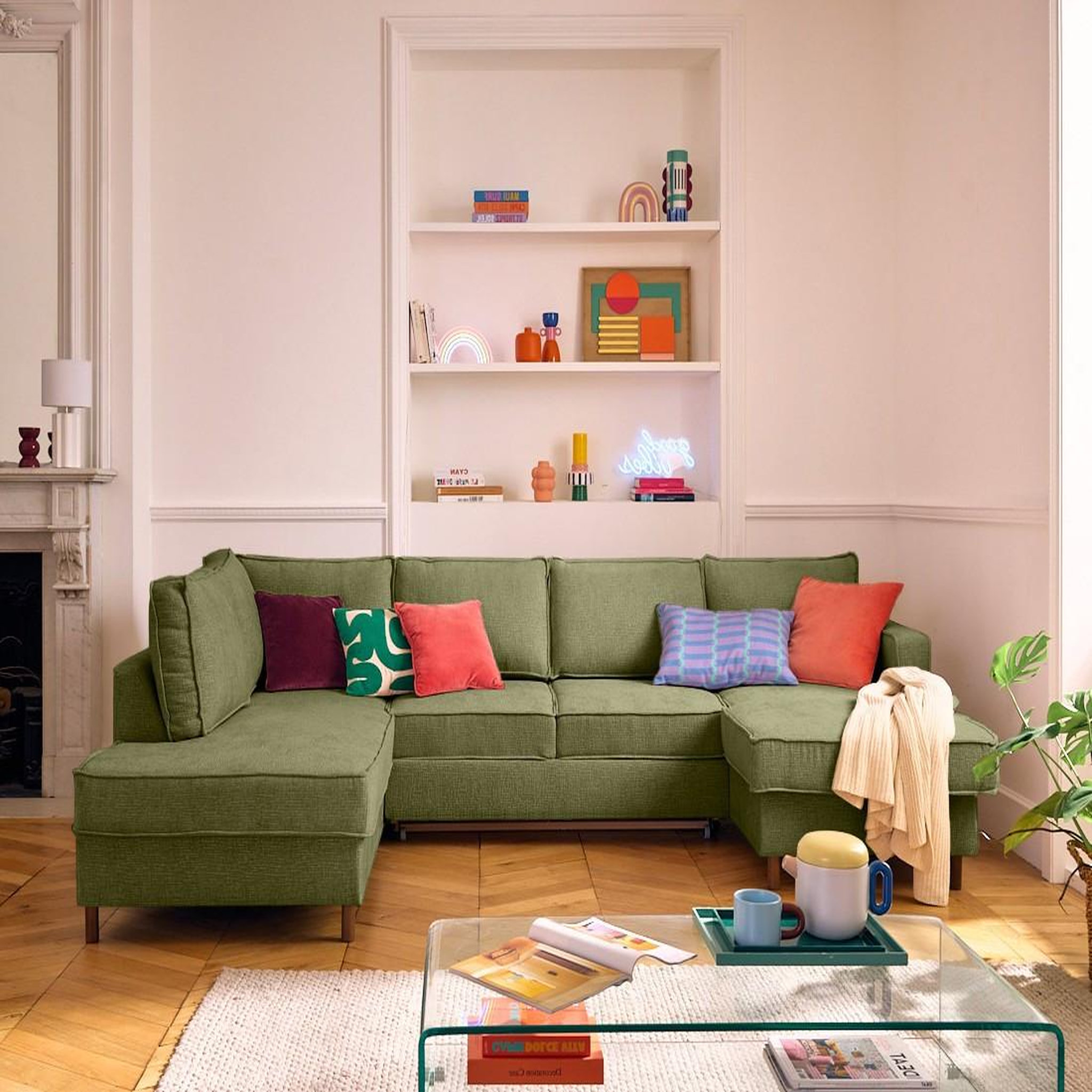 Voir la diapositive 1 : LISA DESIGN Jake - canapé panoramique d'angle gauche 7 places convertible avec coffre en tissu velours relief
