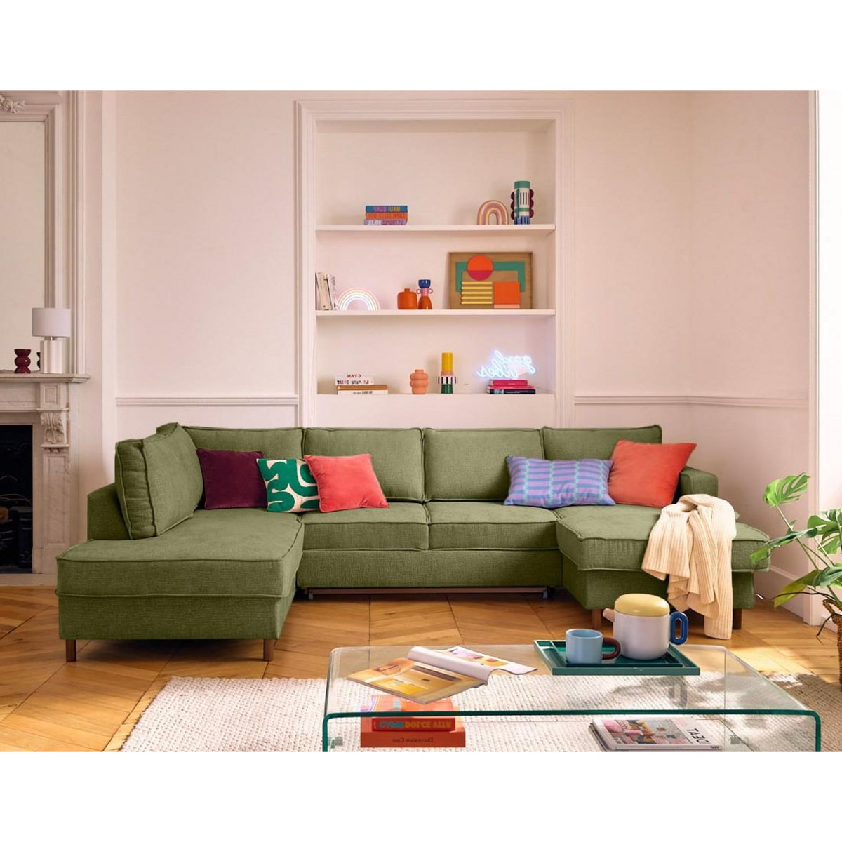 LISA DESIGN Jake - canapé panoramique d'angle gauche 7 places convertible avec coffre en tissu velours relief