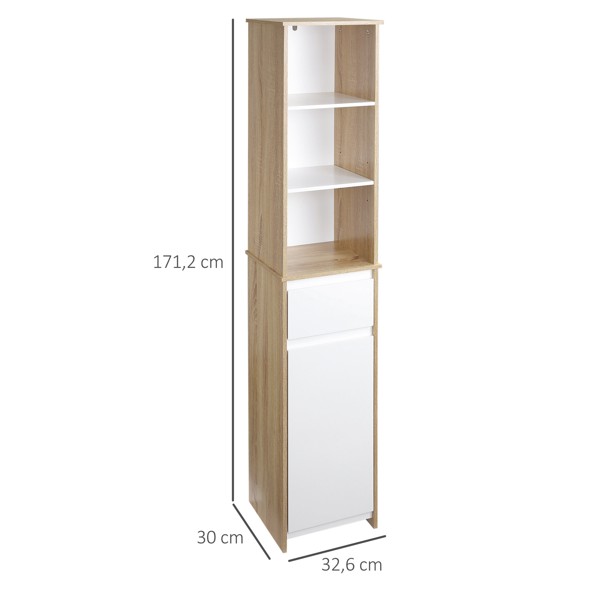 Voir la diapositive 3 : KLEANKIN Meuble colonne rangement salle de bain style cosy 3 niches tiroir placard avec étagère blanc aspect chêne clair