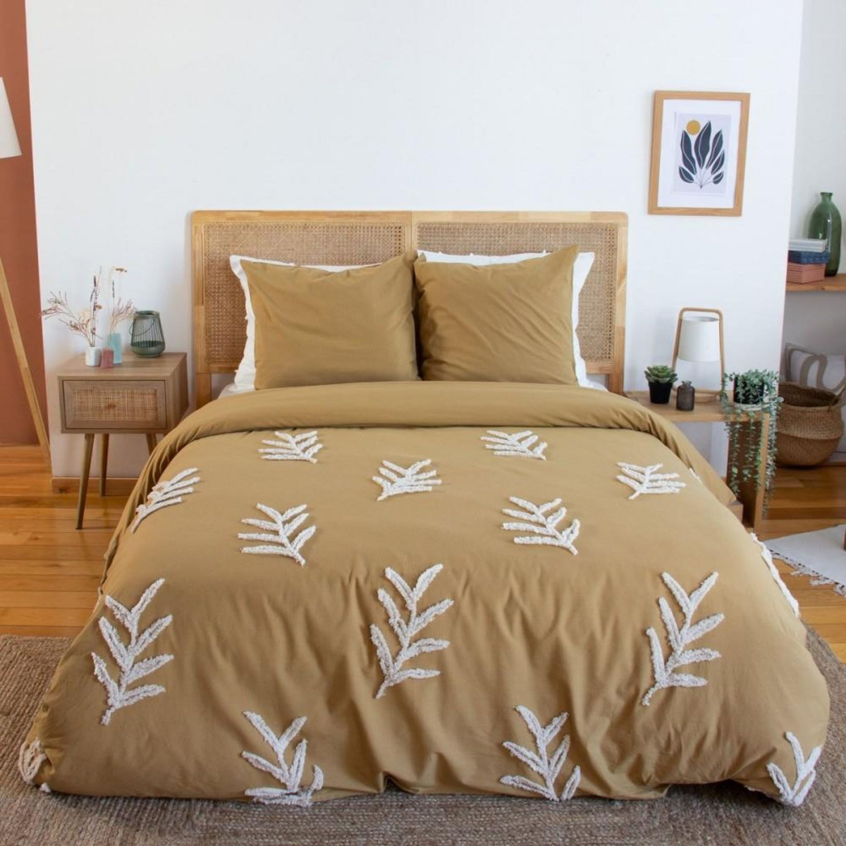 COTE DECO Housse de couette 260x240 FEUILLU + 2 taies 100% coton lavé 52 fils