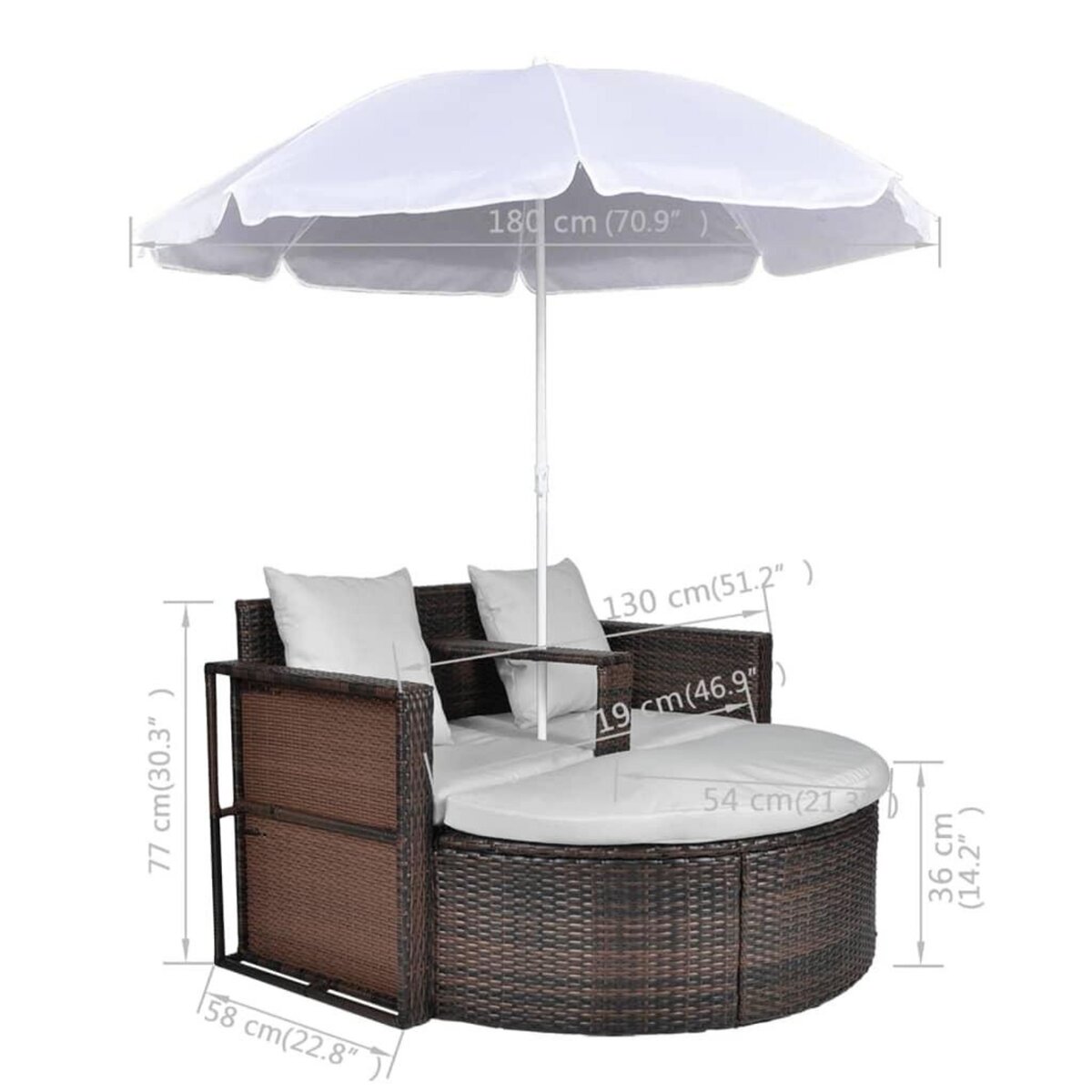 VIDAXL Lit de jardin avec parasol Marron Resine tressee