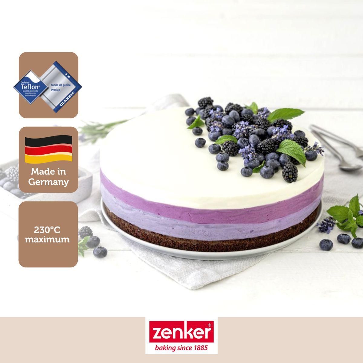 ZENKER Set à pâtisserie avec 1 Moule à charnière rond 28 cm à fond plat, 1 spatule Zenker et 2 bols à mixer en inox Fackelmann