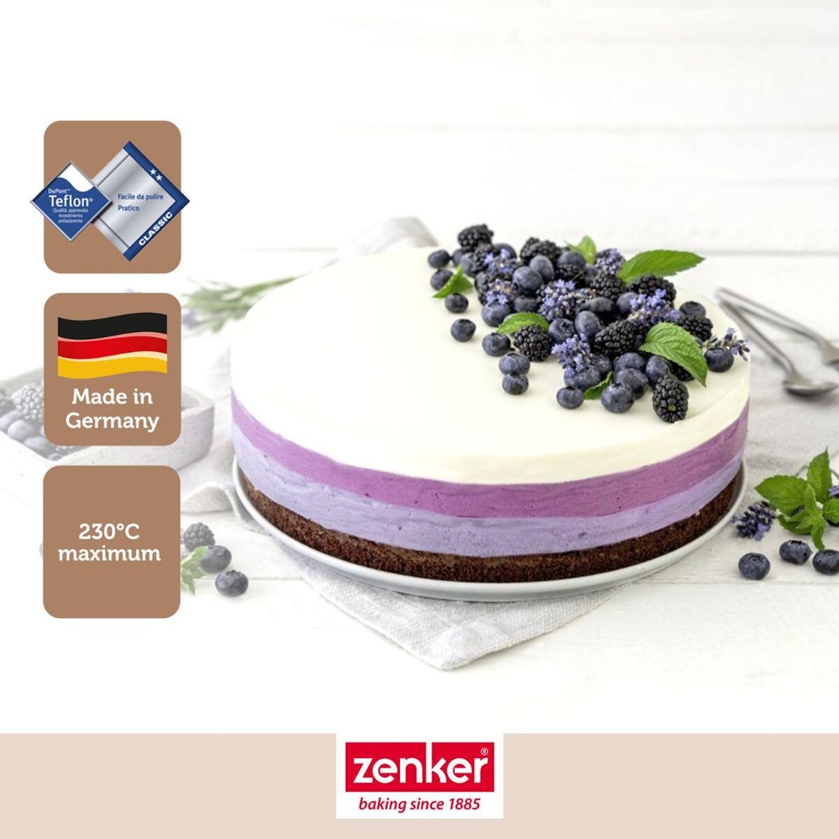 ZENKER Set à pâtisserie avec 1 Moule à charnière rond 28 cm à fond plat, 1 spatule Zenker et 2 bols à mixer en inox Fackelmann