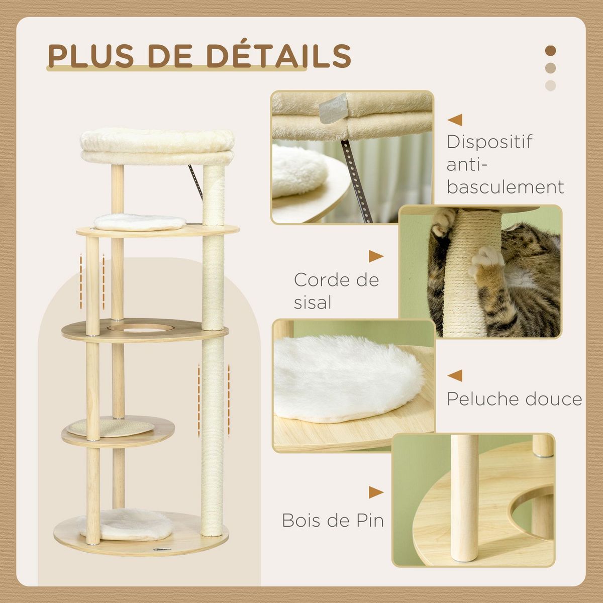 PAWHUT Arbre à chat style nordique griffoir sisal naturel 4 plateformes coussins panier d'observation amovible bois pin panneaux bois clair
