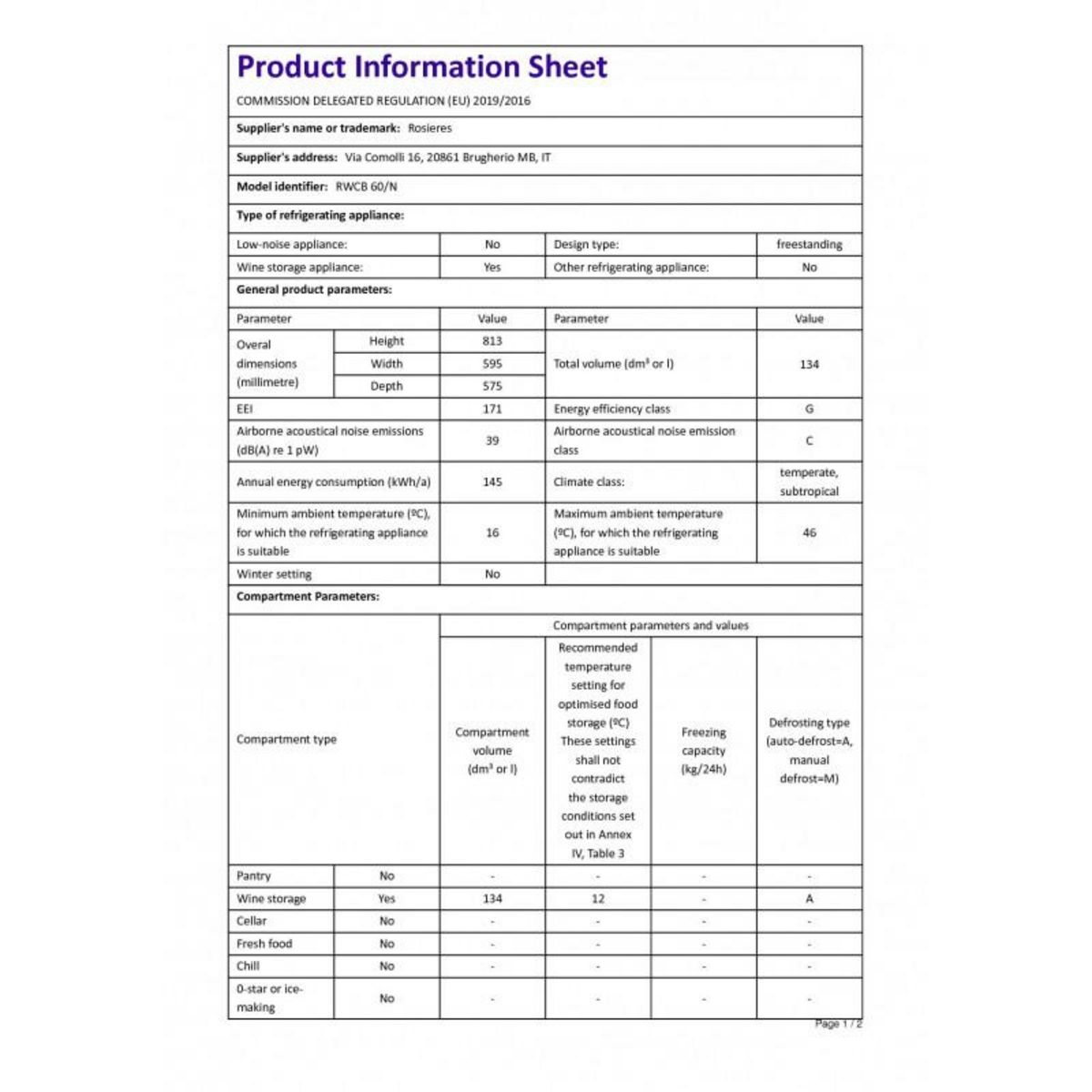 Rosieres Cave à vin encastrable 46 bouteilles noir - RWCB60N