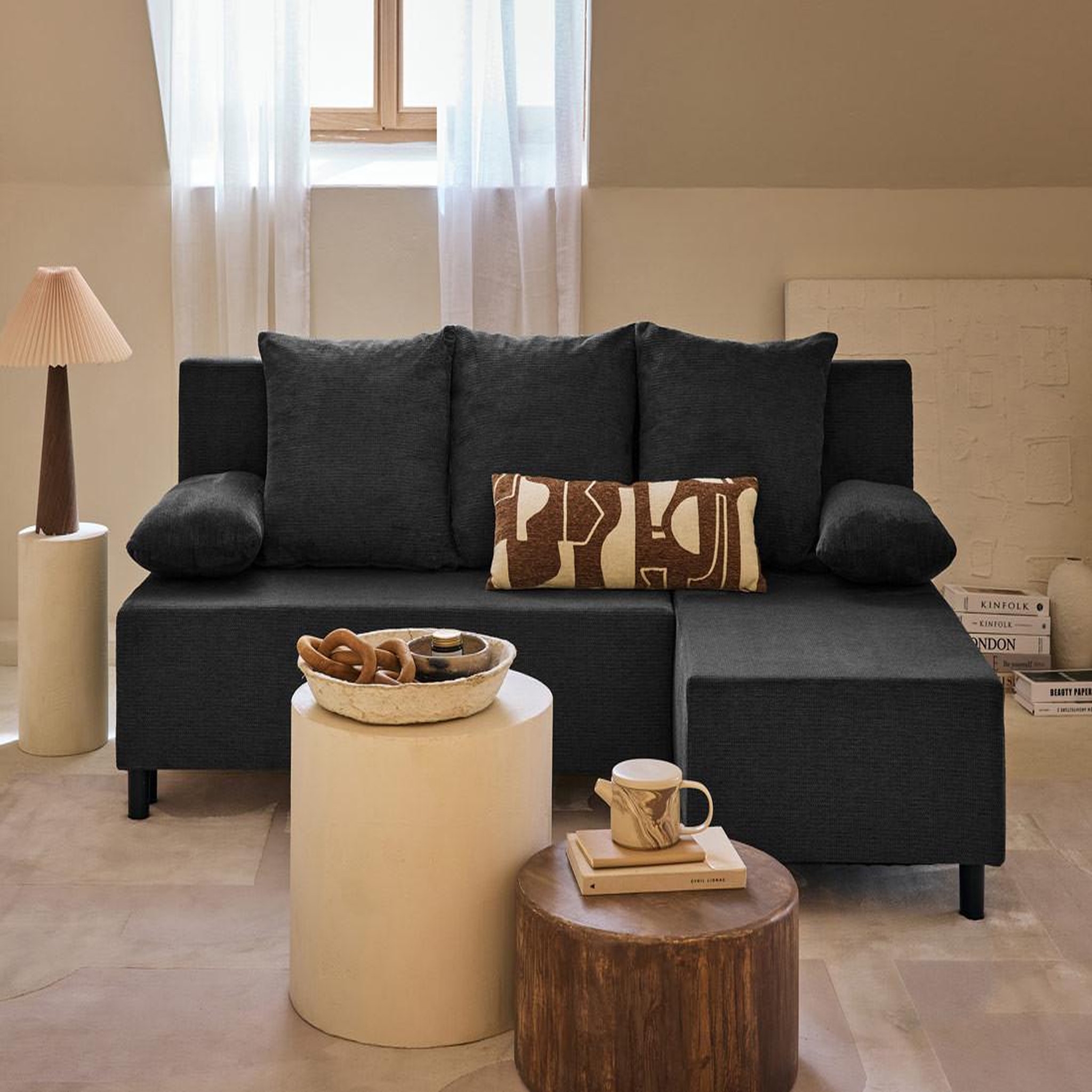 Voir la diapositive 1 : BEST MOBILIER Gloria - canapé d'angle réversible 4 places convertible avec coffre en tissu texturé