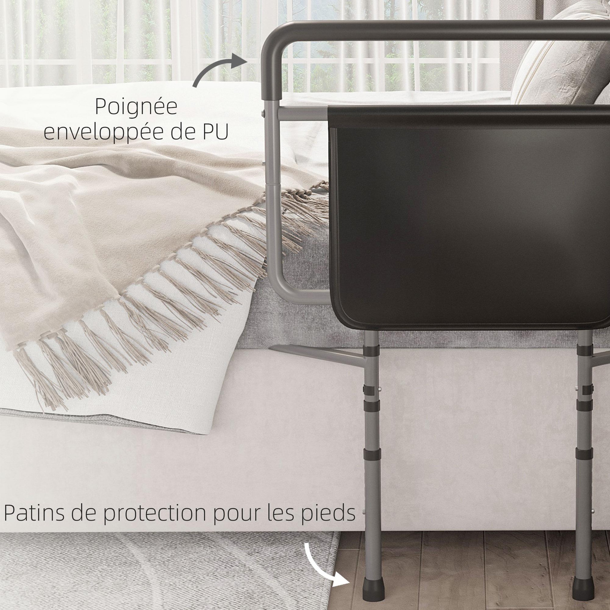 Voir la diapositive 6 : HOMCOM Barre de redressement de lit réglable en hauteur - poignée d'appui pour le lit - barre d'appui de lit - acier PU gris noir