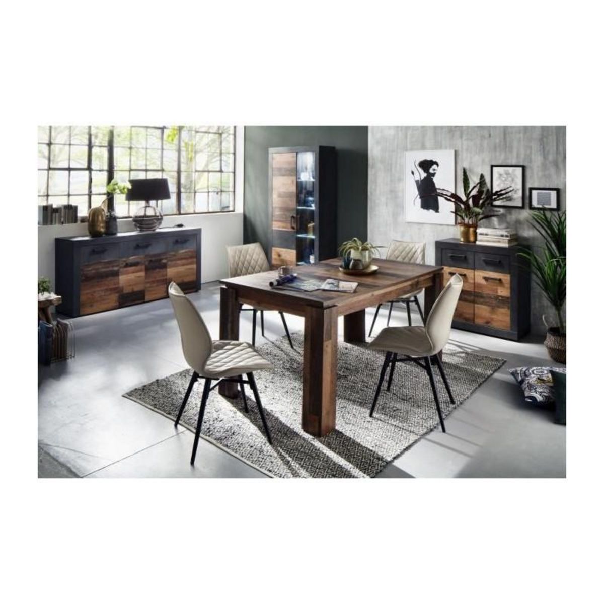 Trendteam Buffet bas INDY 4 Portes et 1 Tiroir - Mélaminé bois vieilli et gris mat - L 178 x P 40 x H 77 cm